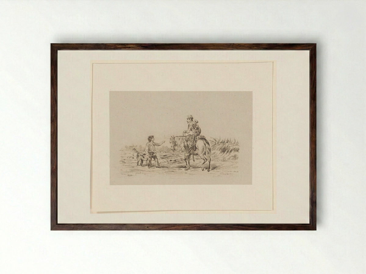 Militair klaroenblazer te paard bij een jongetje met hond - Berthe Césarine Corvisart - Framed Print Dark Wood