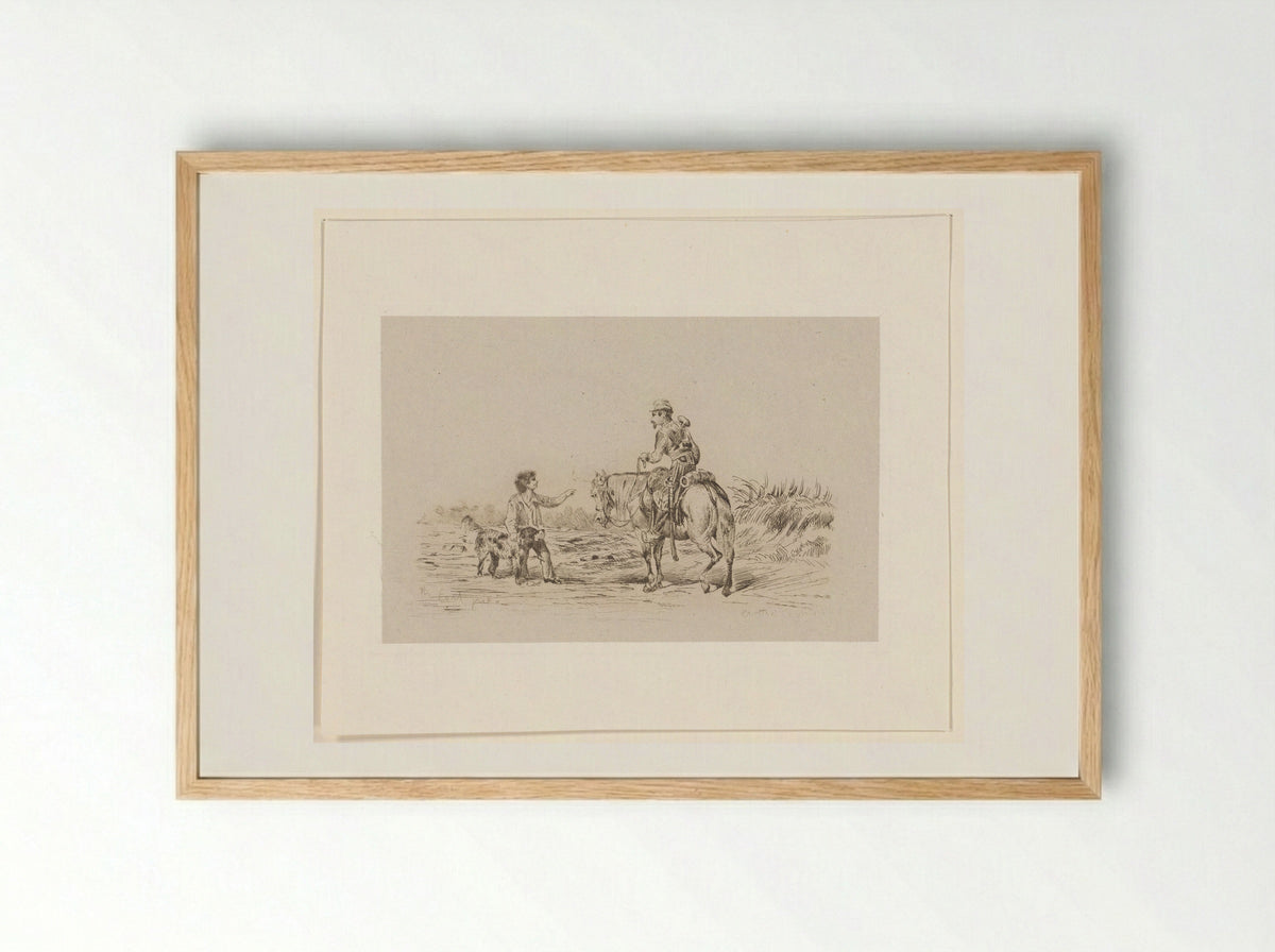 Militair klaroenblazer te paard bij een jongetje met hond - Berthe Césarine Corvisart - Framed Print Wood