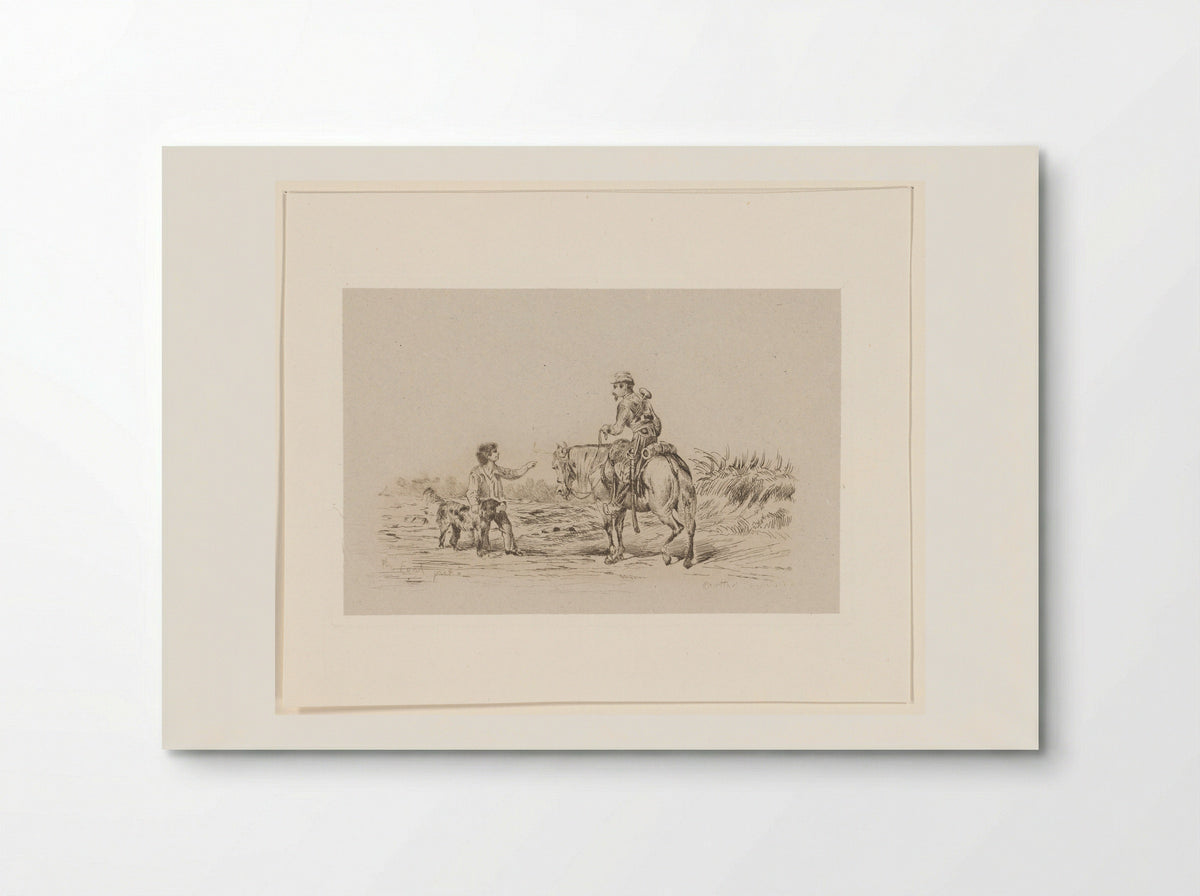 Militair klaroenblazer te paard bij een jongetje met hond - Berthe Césarine Corvisart - Poster