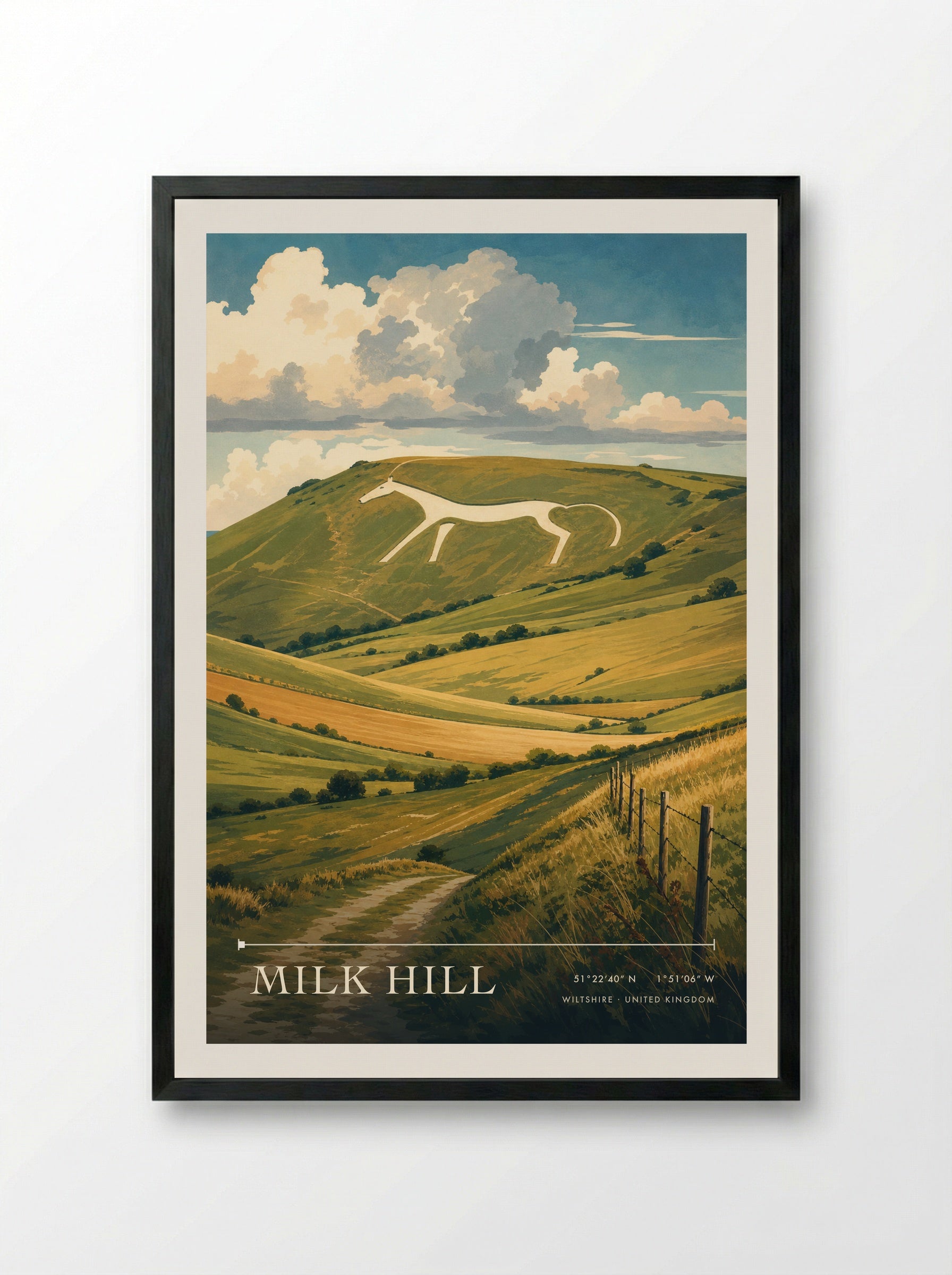 Milk Hill Wiltshire United Kingdom Travel Poster - Framed Print Black