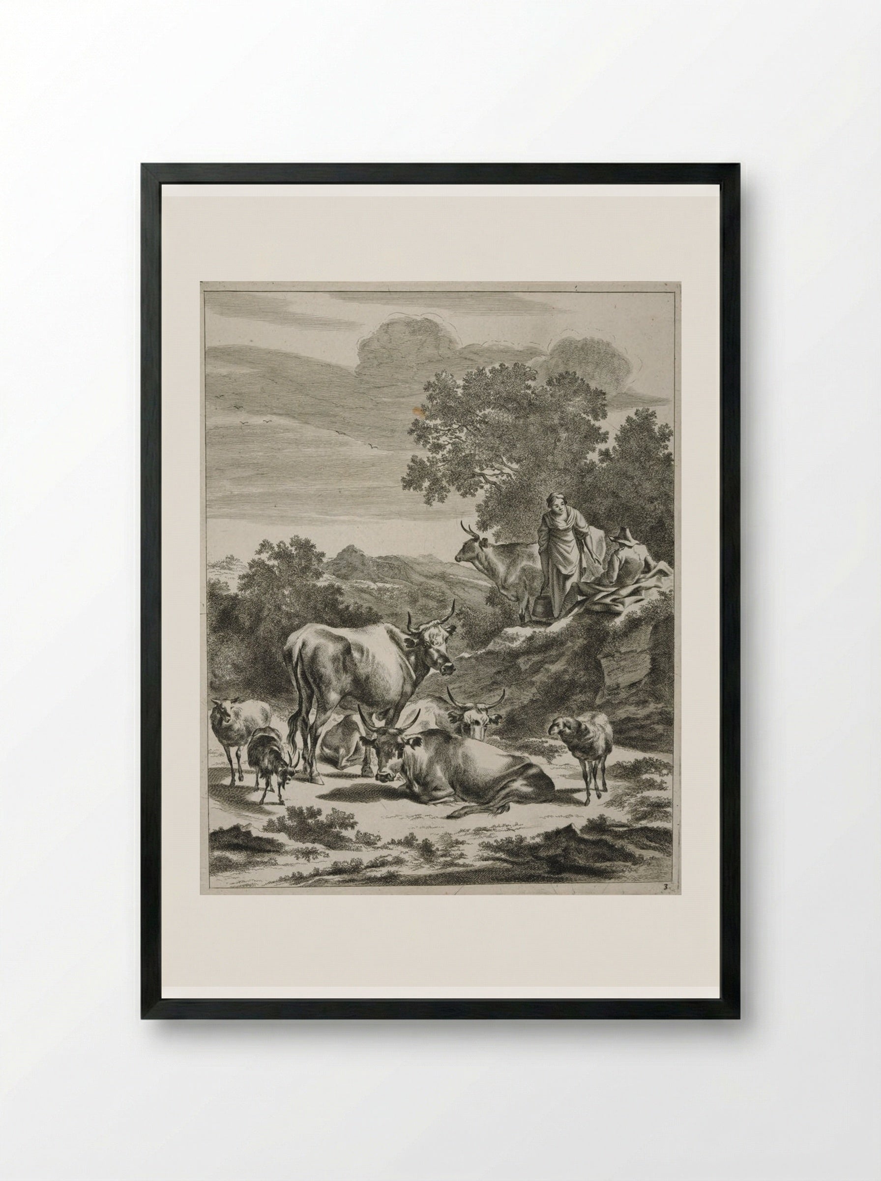 Milkmaid and Seated Herdsman on a Hillock - Johannes Visscher - Framed Print Black