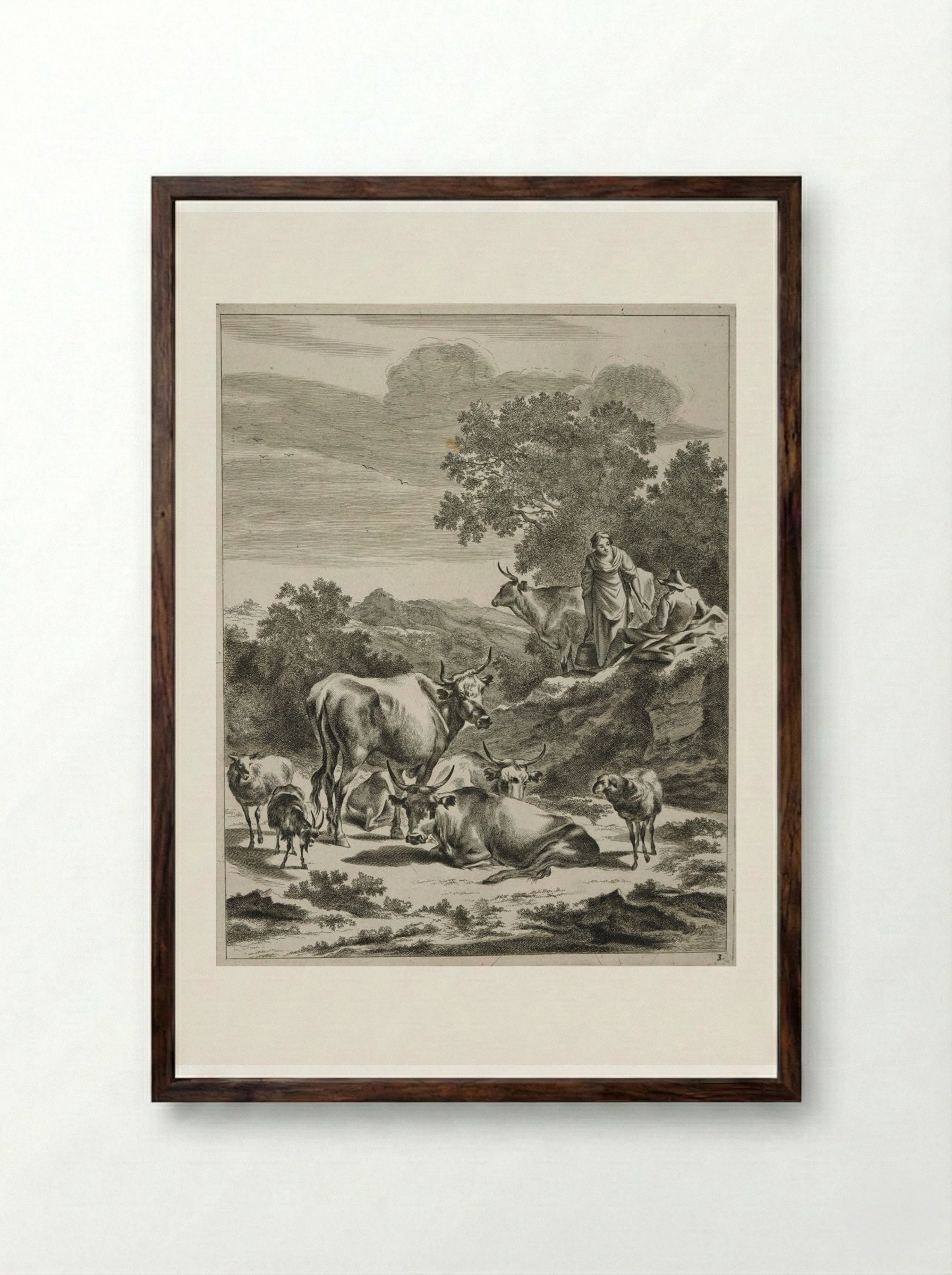 Milkmaid and Seated Herdsman on a Hillock - Johannes Visscher - Framed Print Dark Wood