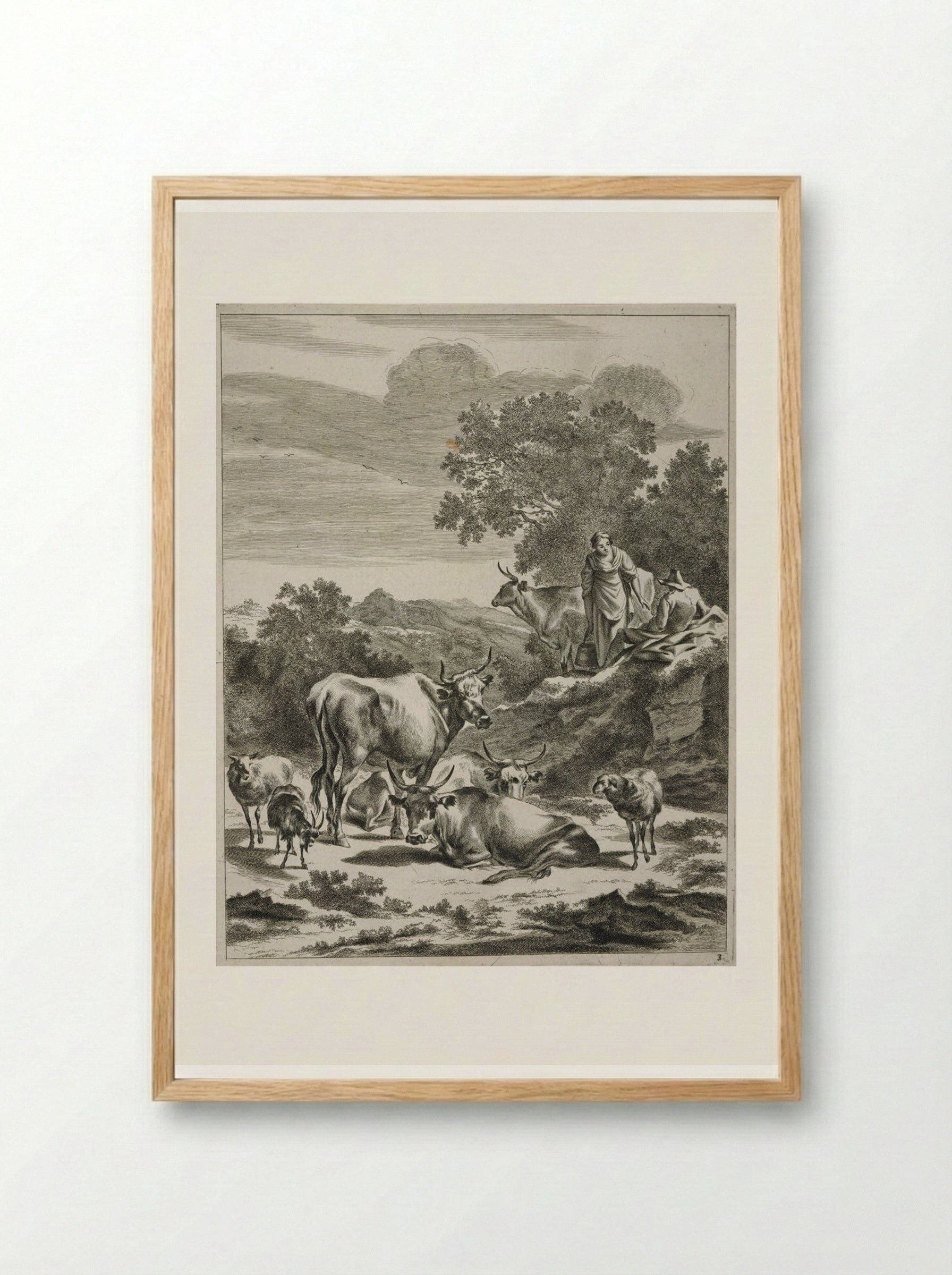 Milkmaid and Seated Herdsman on a Hillock - Johannes Visscher - Framed Print Wood