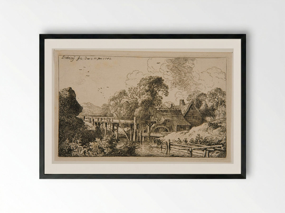 Mill by a River - Christian Wilhelm Ernst Dietrich - Framed Print Black