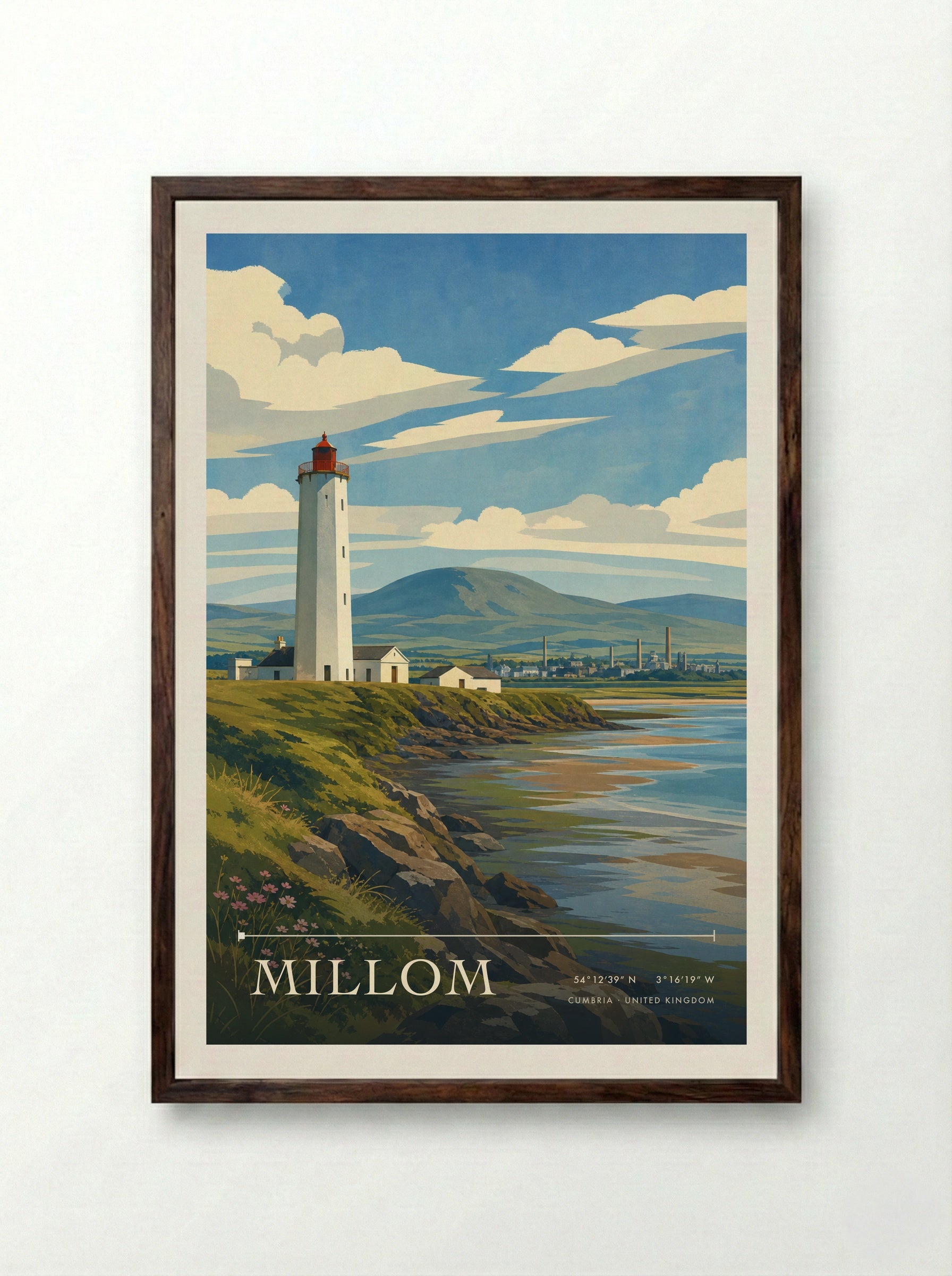 Millom Cumbria United Kingdom Travel Poster - Framed Print Dark Wood
