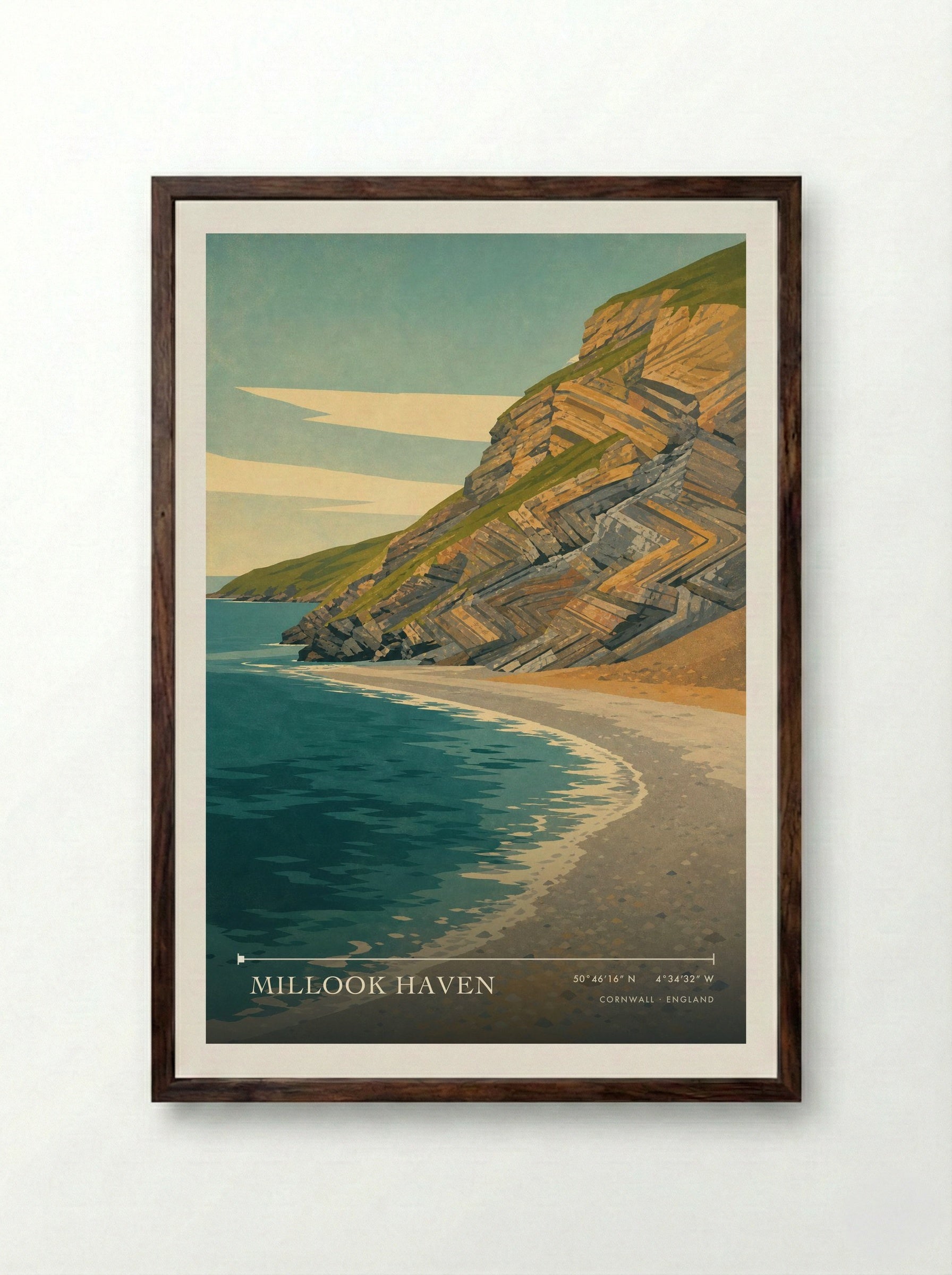 Millook Haven Cornwall England Travel Poster - Framed Print Dark Wood