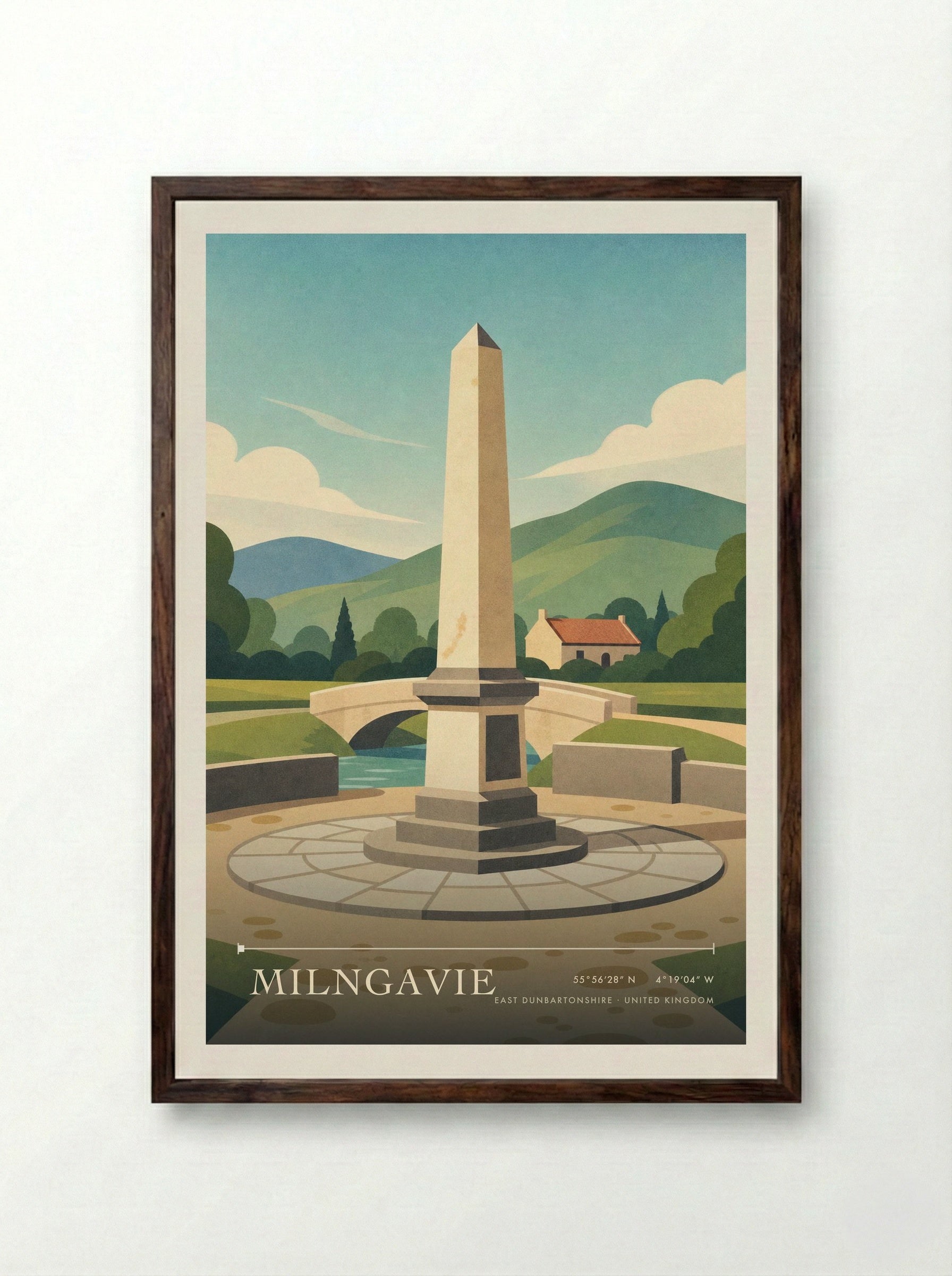 Milngavie East Dunbartonshire United Kingdom Travel Poster - Framed Print Dark Wood