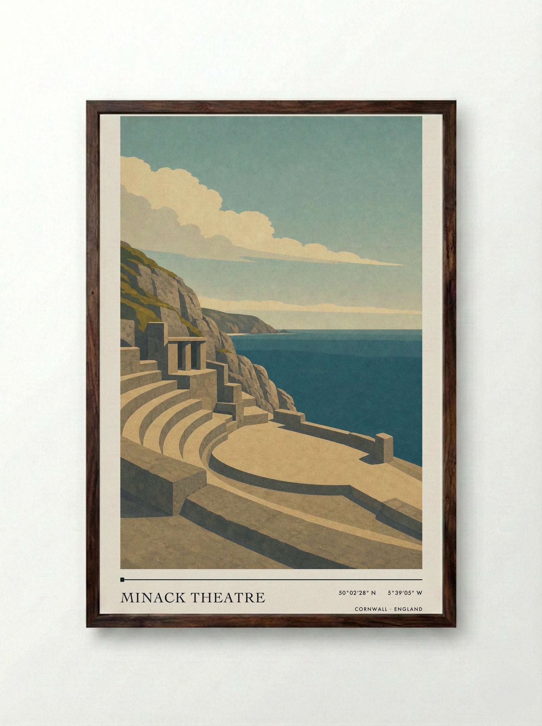 Minack Theatre Travel Poster Artwork - Framed Print Dark Wood