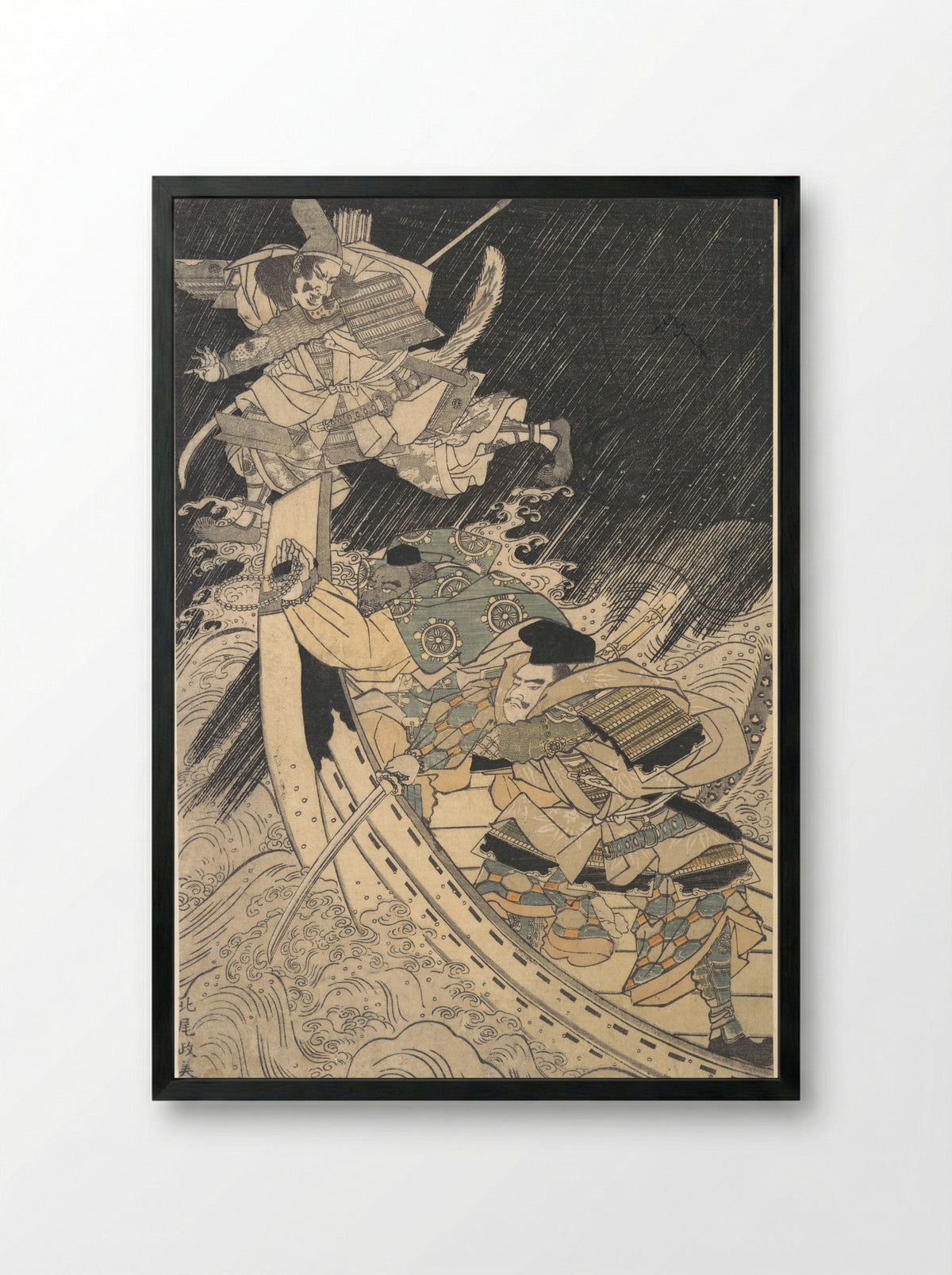 Minamoto Yoshitsune and His Retainer, the Monk Benkei, Putting to Flight the Ghost of Taira no Tomomori - Kuwagata Keisai - Framed Print Black