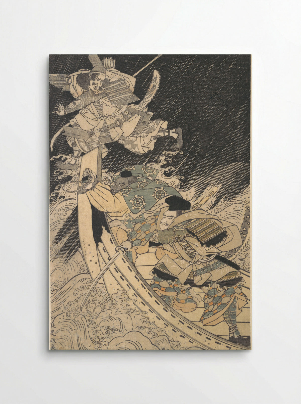 Minamoto Yoshitsune and His Retainer, the Monk Benkei, Putting to Flight the Ghost of Taira no Tomomori - Kuwagata Keisai - Poster