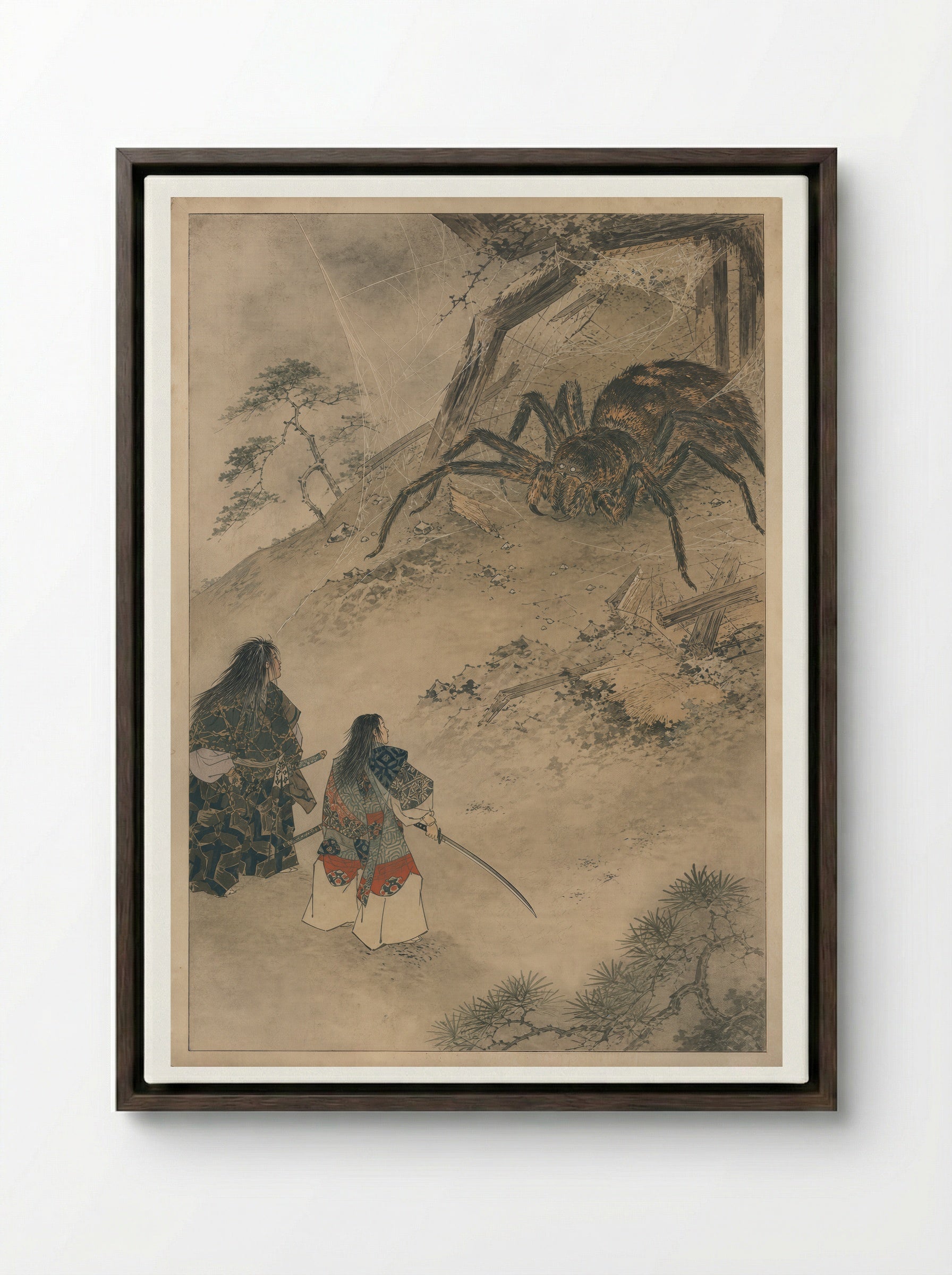 Minamoto no Yorimitsu and the Earth Spider: The Earth Spider Revealed - Framed Canvas Dark Wood