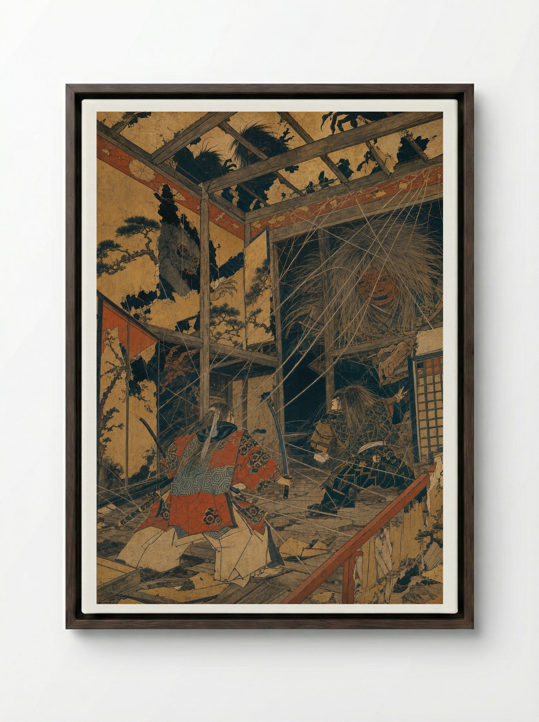 Minamoto no Yorimitsu and the Earth Spider: The House of Many Forms - Framed Canvas Dark Wood