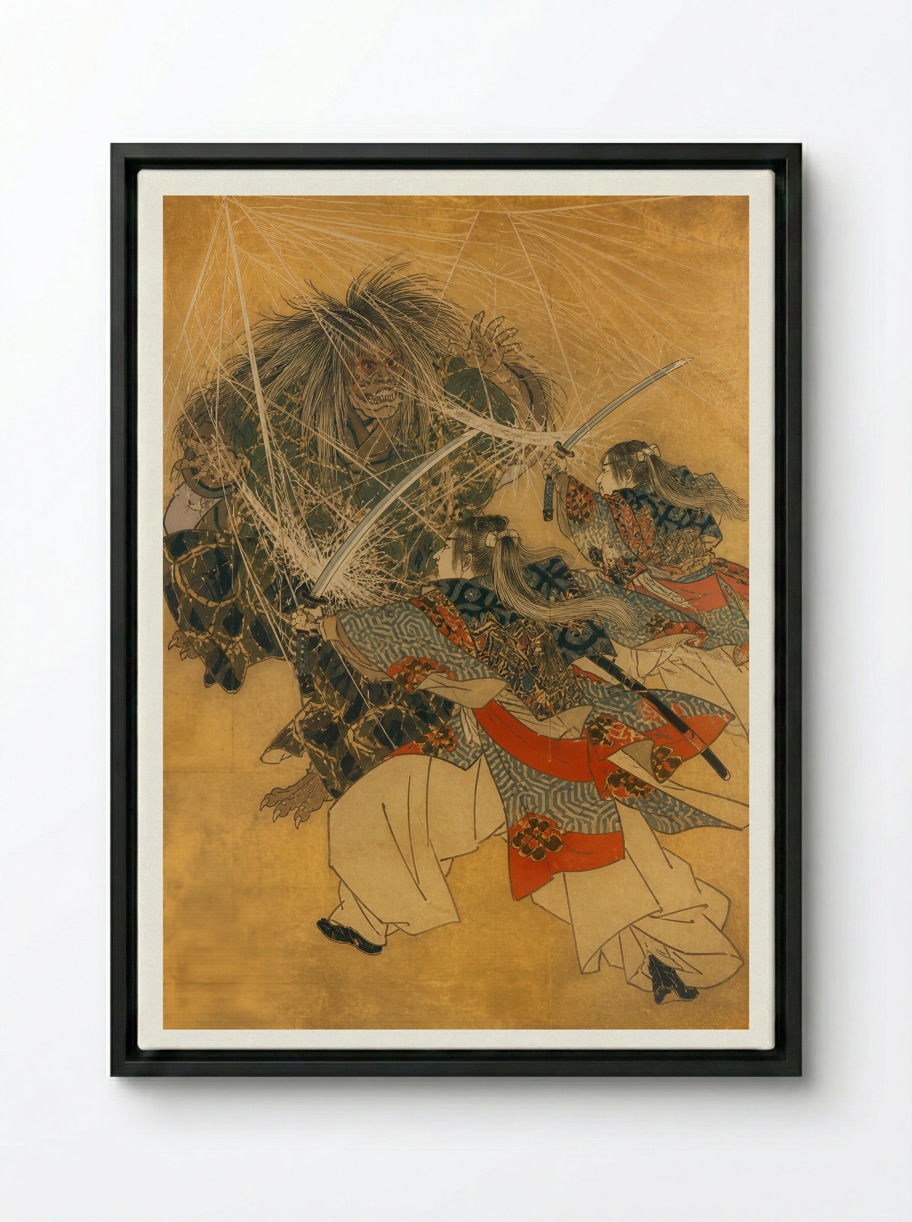 Minamoto no Yorimitsu and the Earth Spider: The Sword Through the Web - Framed Canvas Black