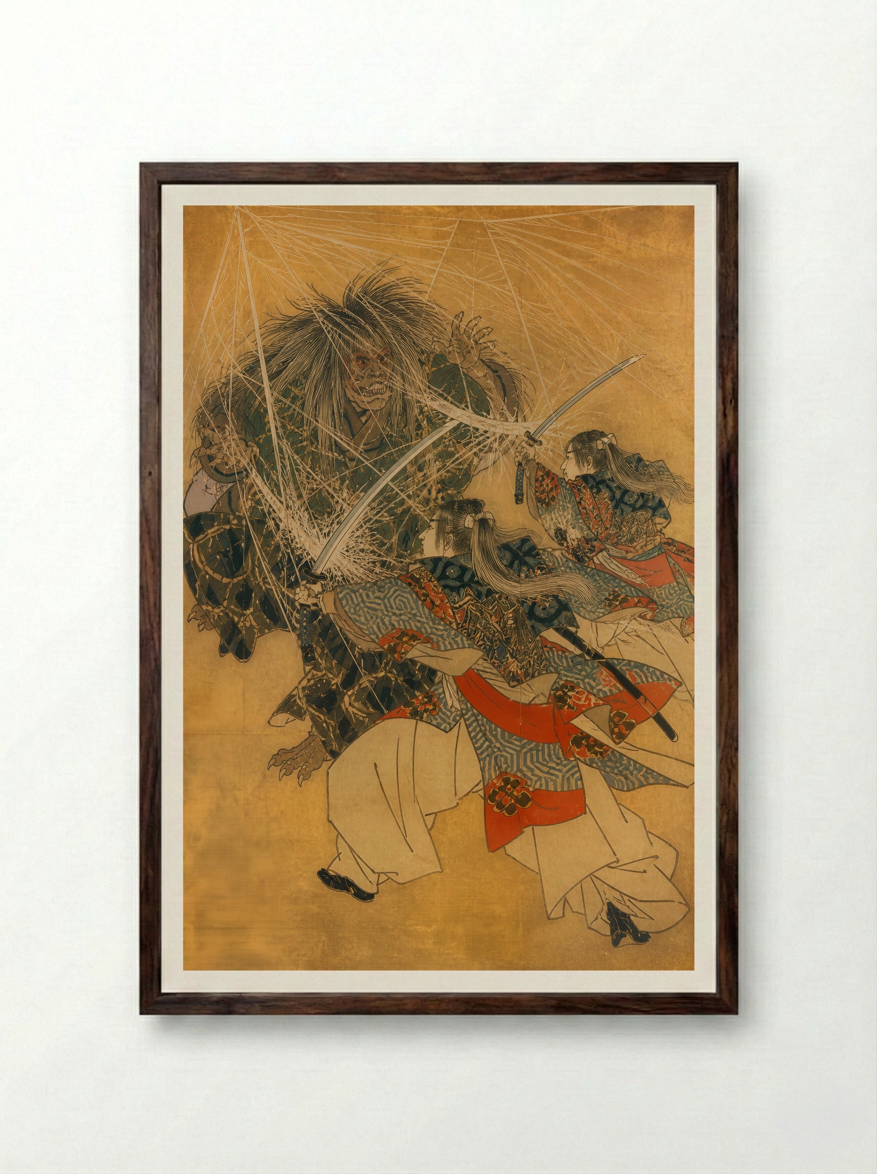 Minamoto no Yorimitsu and the Earth Spider: The Sword Through the Web - Framed Print Dark Wood