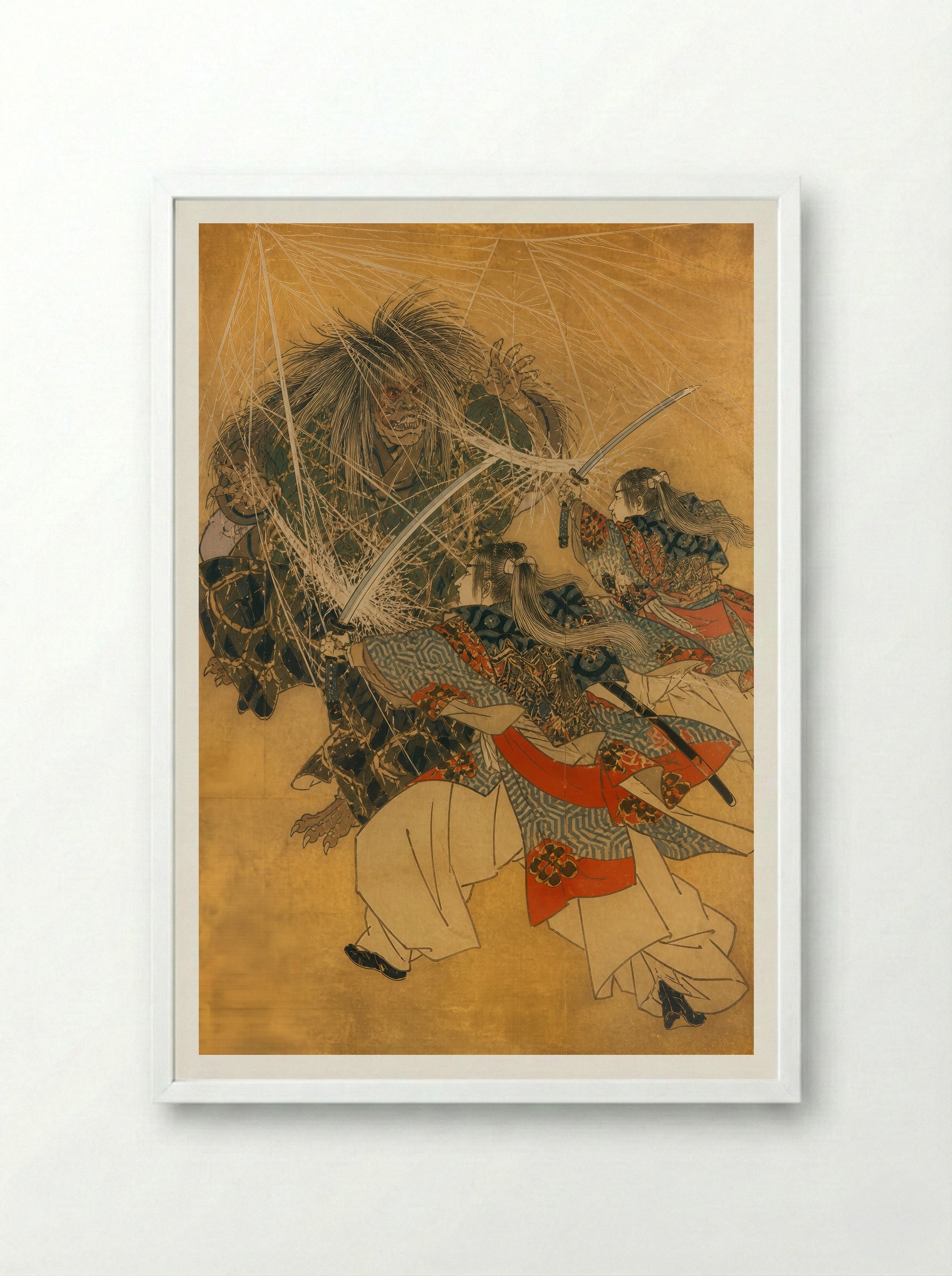 Minamoto no Yorimitsu and the Earth Spider: The Sword Through the Web - Framed Print White