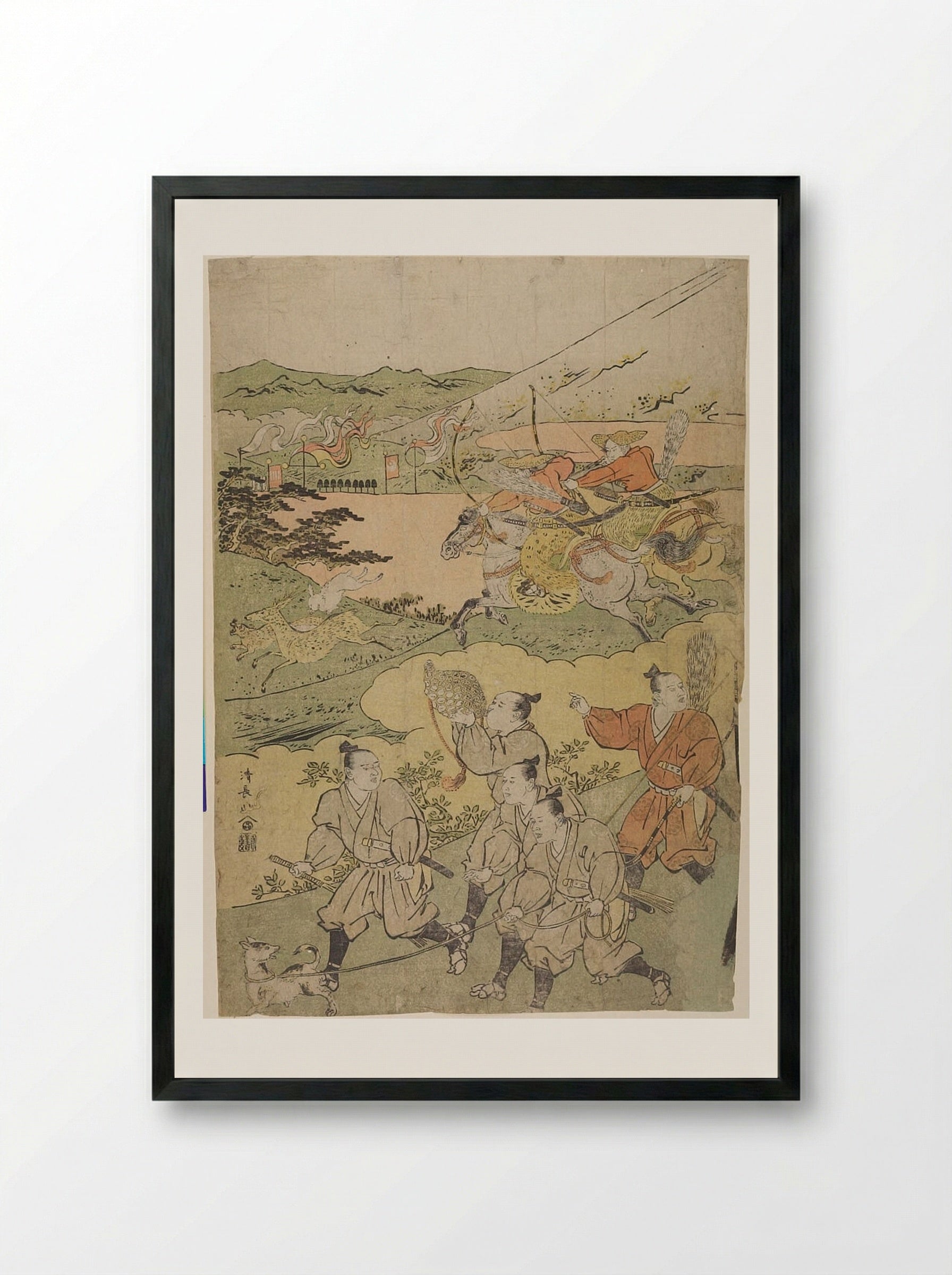 Minamoto no Yoritomo Hunting at the Foot of Mount Fuji (left half of a diptych) - Torii Kiyonaga - Framed Print Black