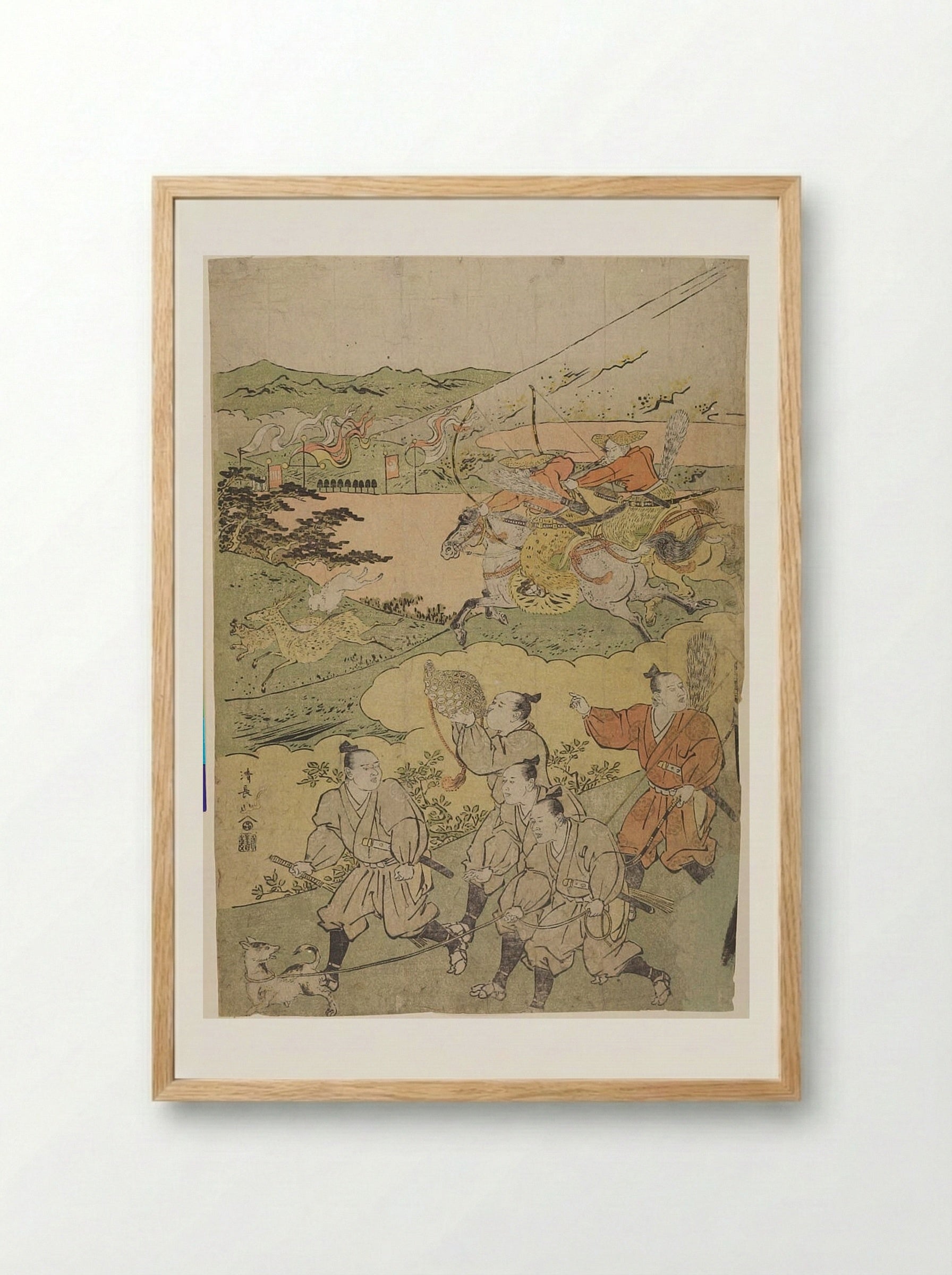 Minamoto no Yoritomo Hunting at the Foot of Mount Fuji (left half of a diptych) - Torii Kiyonaga - Framed Print Wood