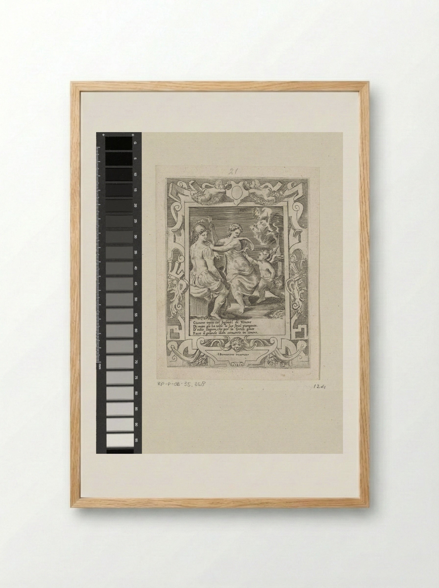 Minerva Seated with Juno Taking Cupid's Arrows - Giulio Bonasone - Framed Print Wood