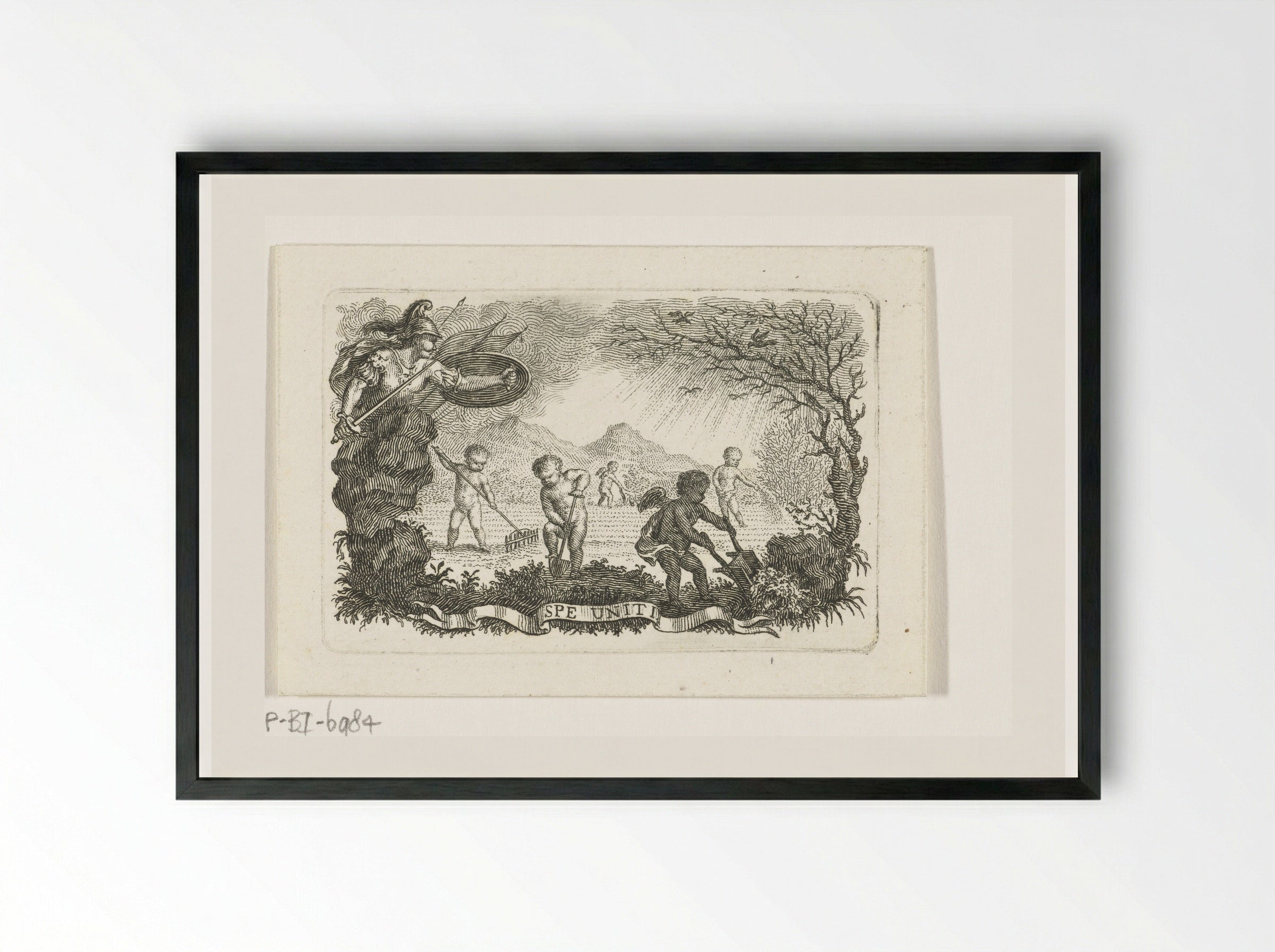 Minerva with Putti Tilling a Field - Abraham Delfos - Framed Print Black