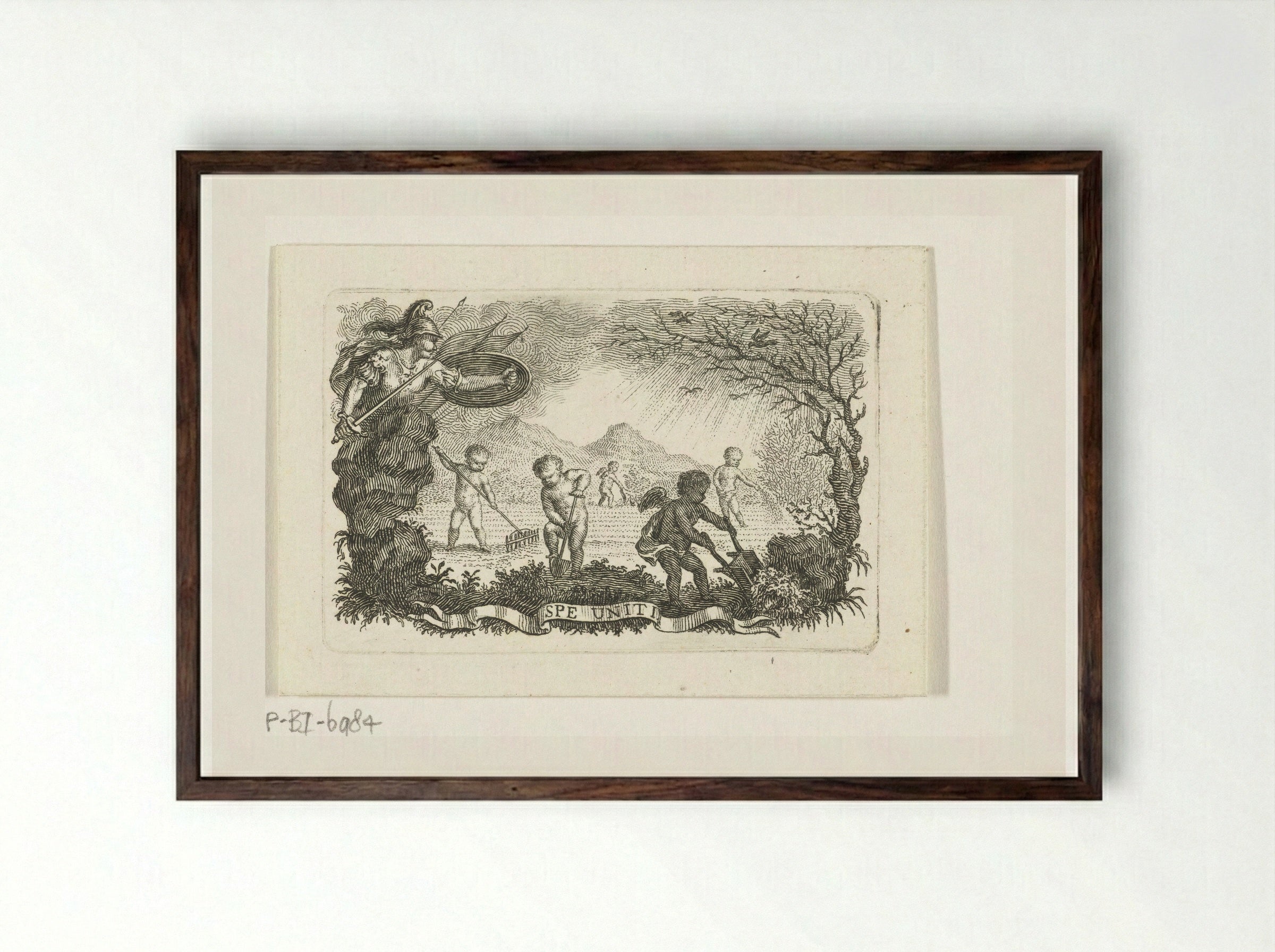 Minerva with Putti Tilling a Field - Abraham Delfos - Framed Print Dark Wood