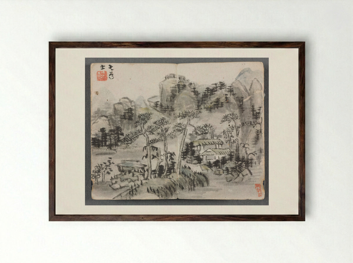 Miniature Album with Figures and Landscape (Landscape with Two Buildings) - Zeng Yandong - Framed Print Dark Wood