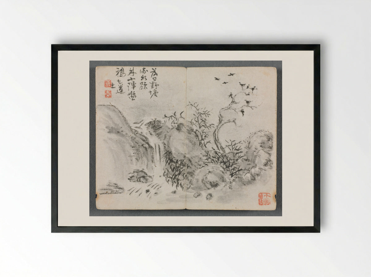 Miniature Album with Figures and Waterfall - Zeng Yandong - Framed Print Black