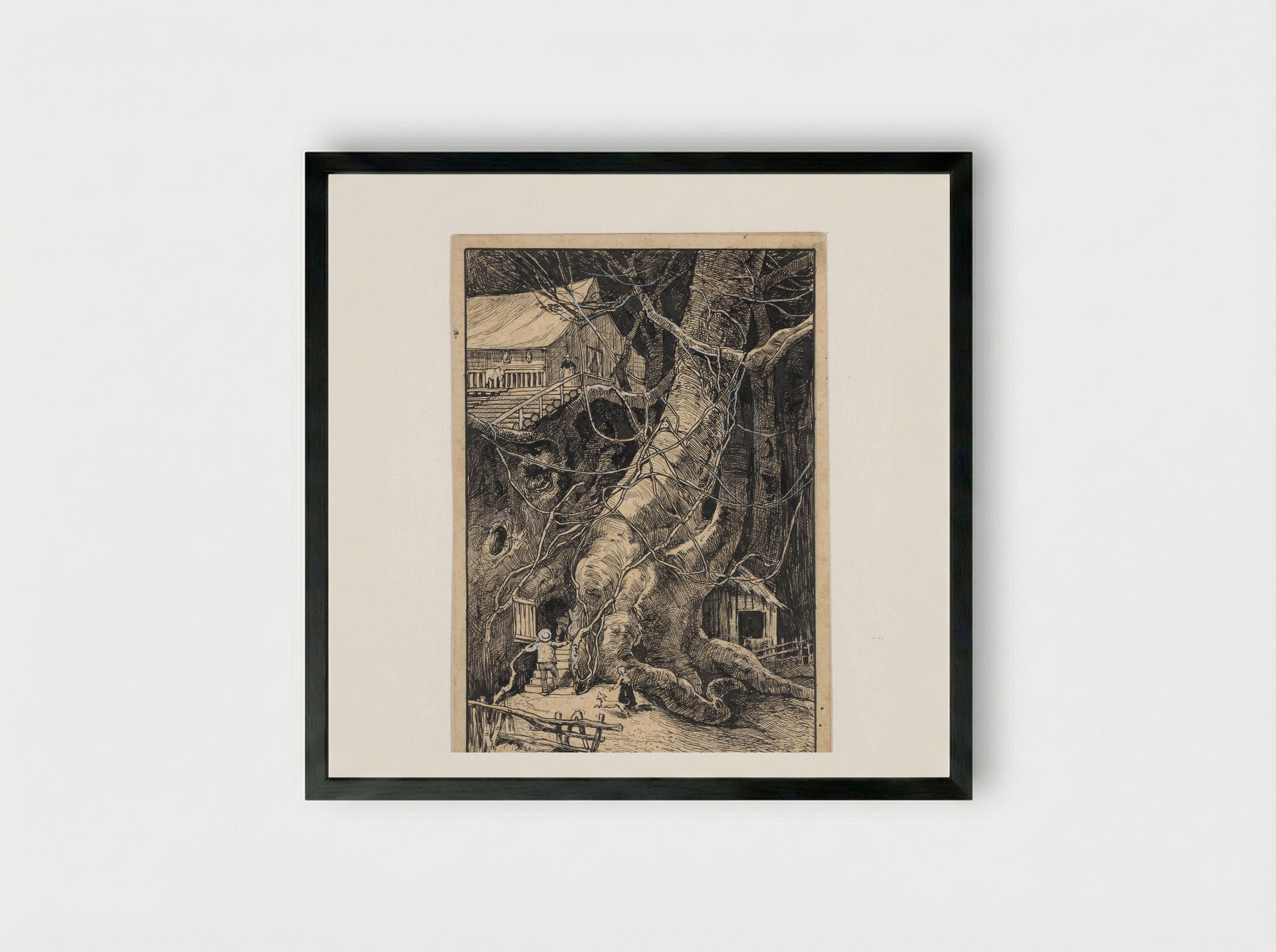 Miniatuurhuis tegen een boom - Willem Wenckebach - Framed Print Black