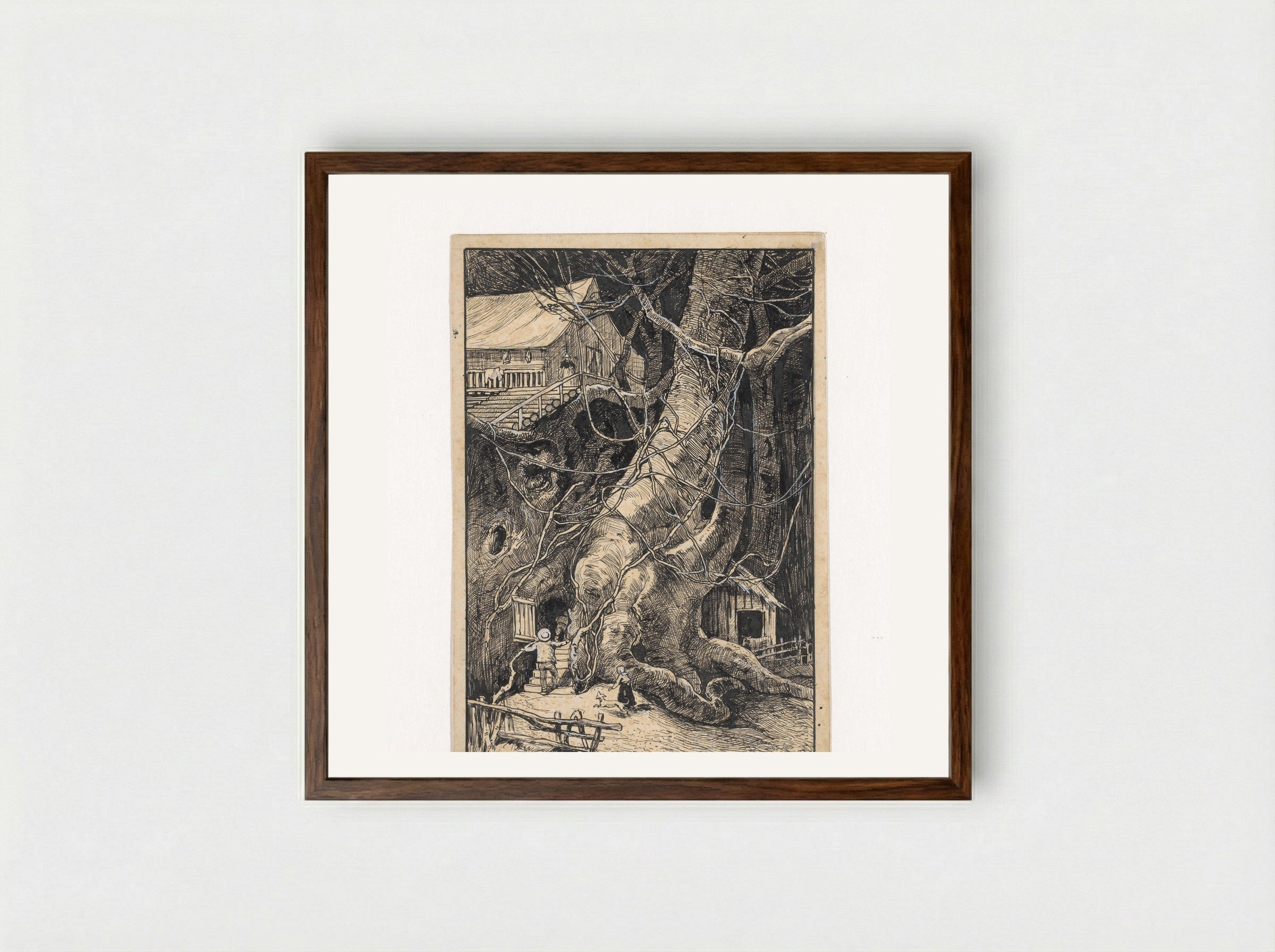Miniatuurhuis tegen een boom - Willem Wenckebach - Framed Print Dark Wood