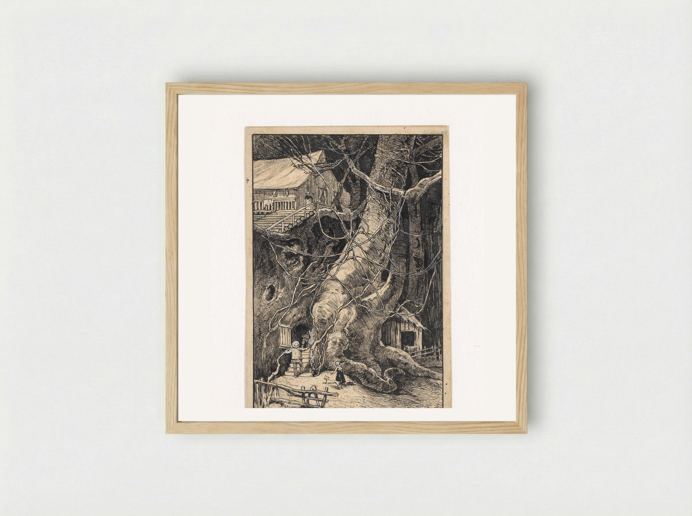 Miniatuurhuis tegen een boom - Willem Wenckebach - Framed Print Wood