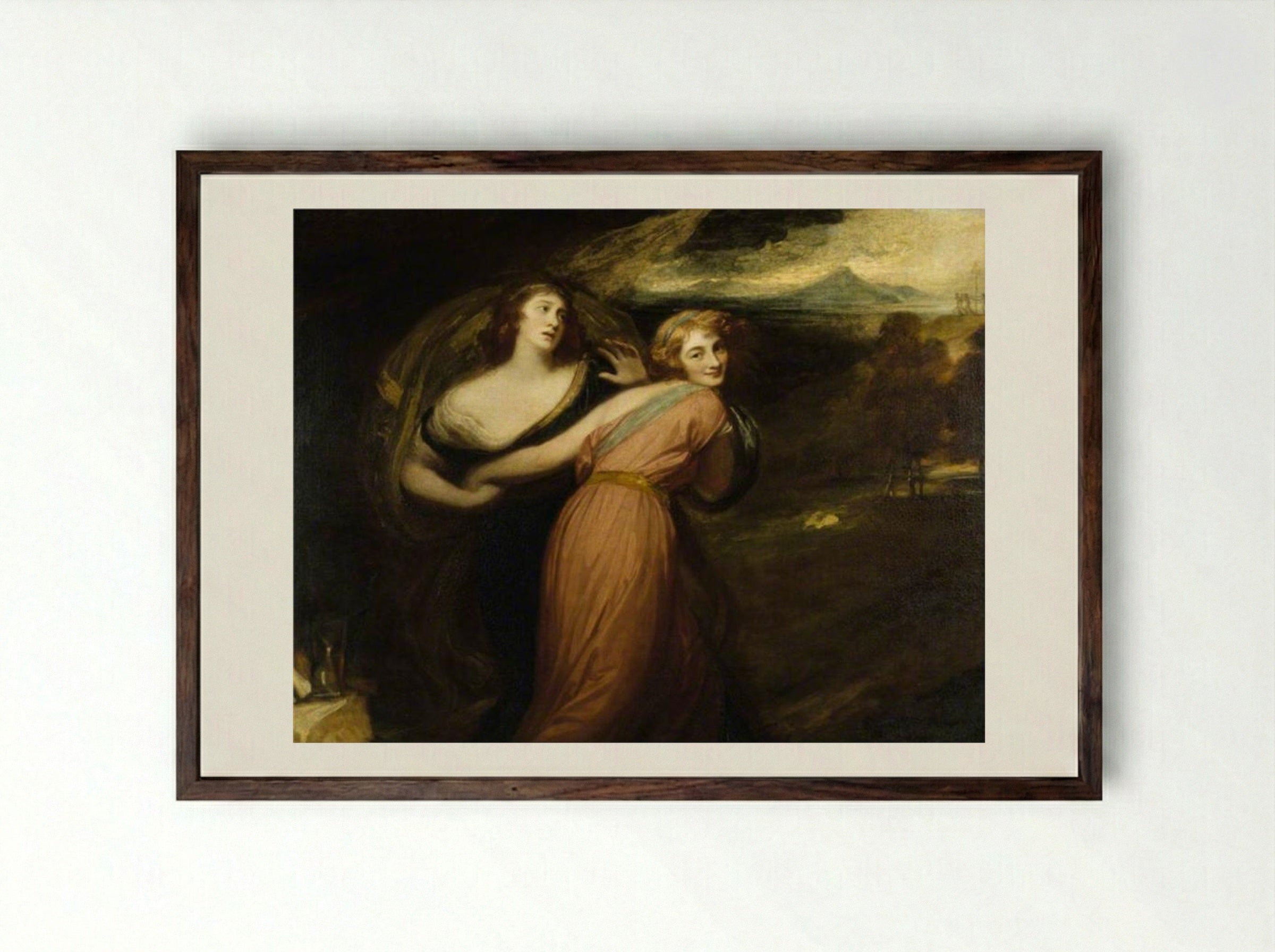 Mirth and Melancholy (Miss Wallis, Later Mrs James Campbell) - George Romney - Framed Print Dark Wood