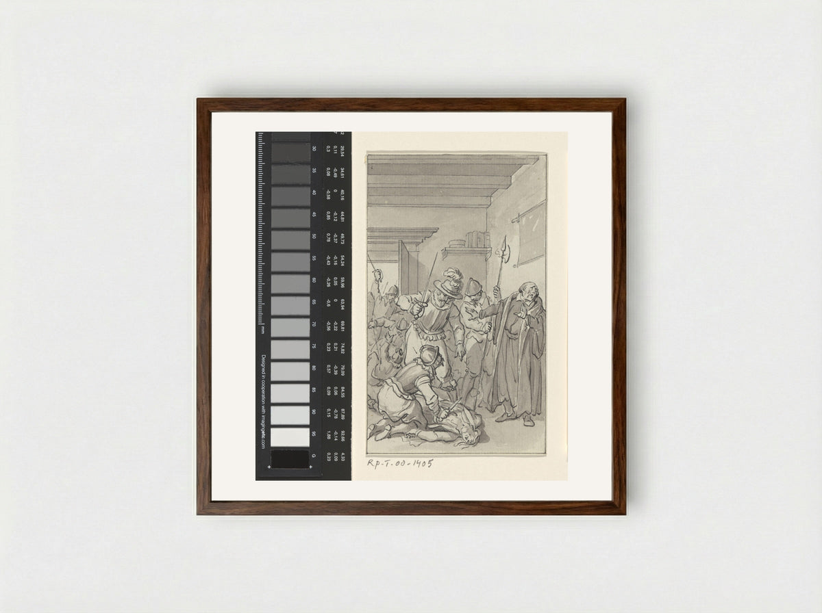 Mishandeling van de zoon van de geleerde Hortensius door de Spanjaarden te Naarden, 1 december 1572 - Jacobus Buys - Framed Print Dark Wood