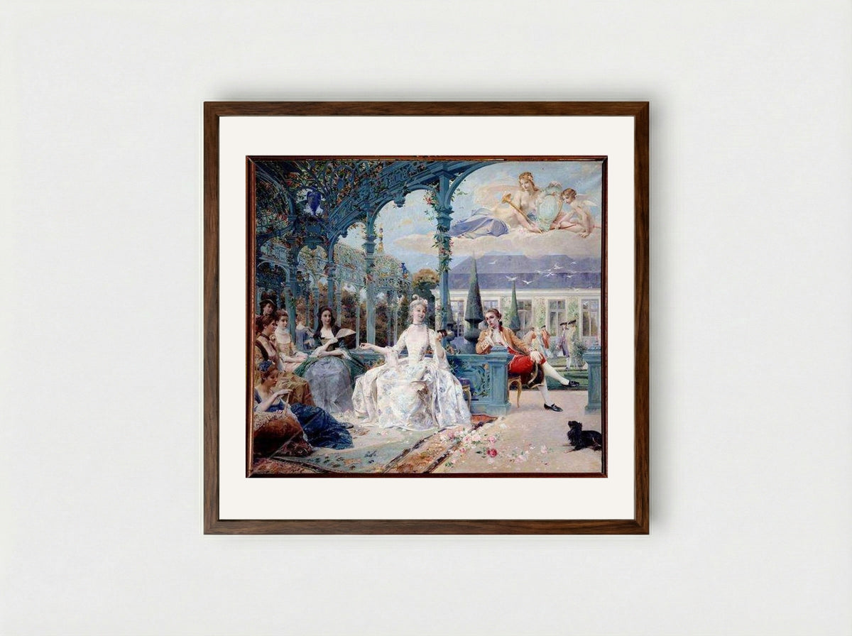 Miss Clermont and Count Melun at the Pavilion of Sylvie - Luc-Olivier Merson - Framed Print Dark Wood