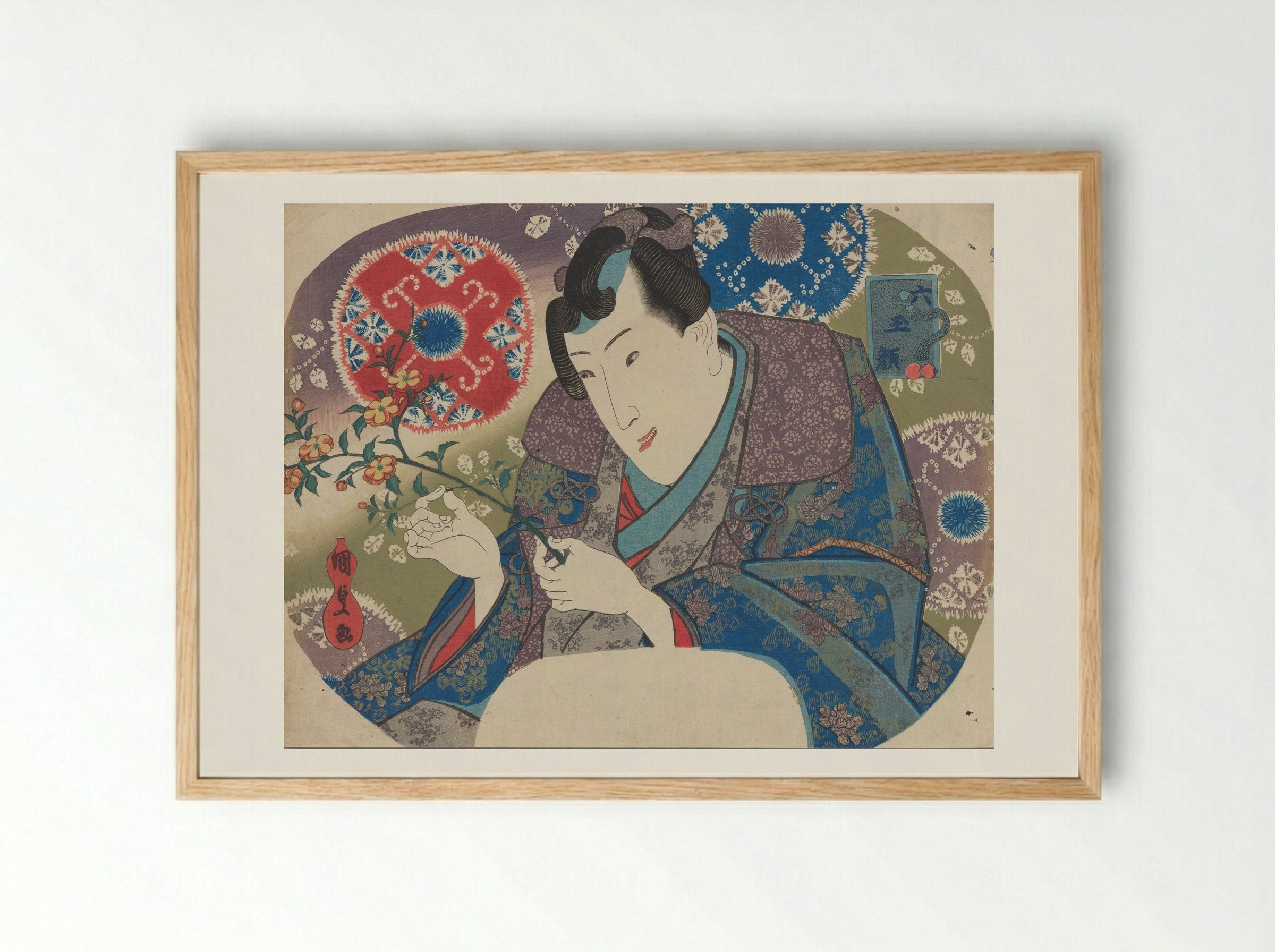 Mitsuuji with Mountain Roses (Yamabuki) - Utagawa Kunisada - Framed Print Wood