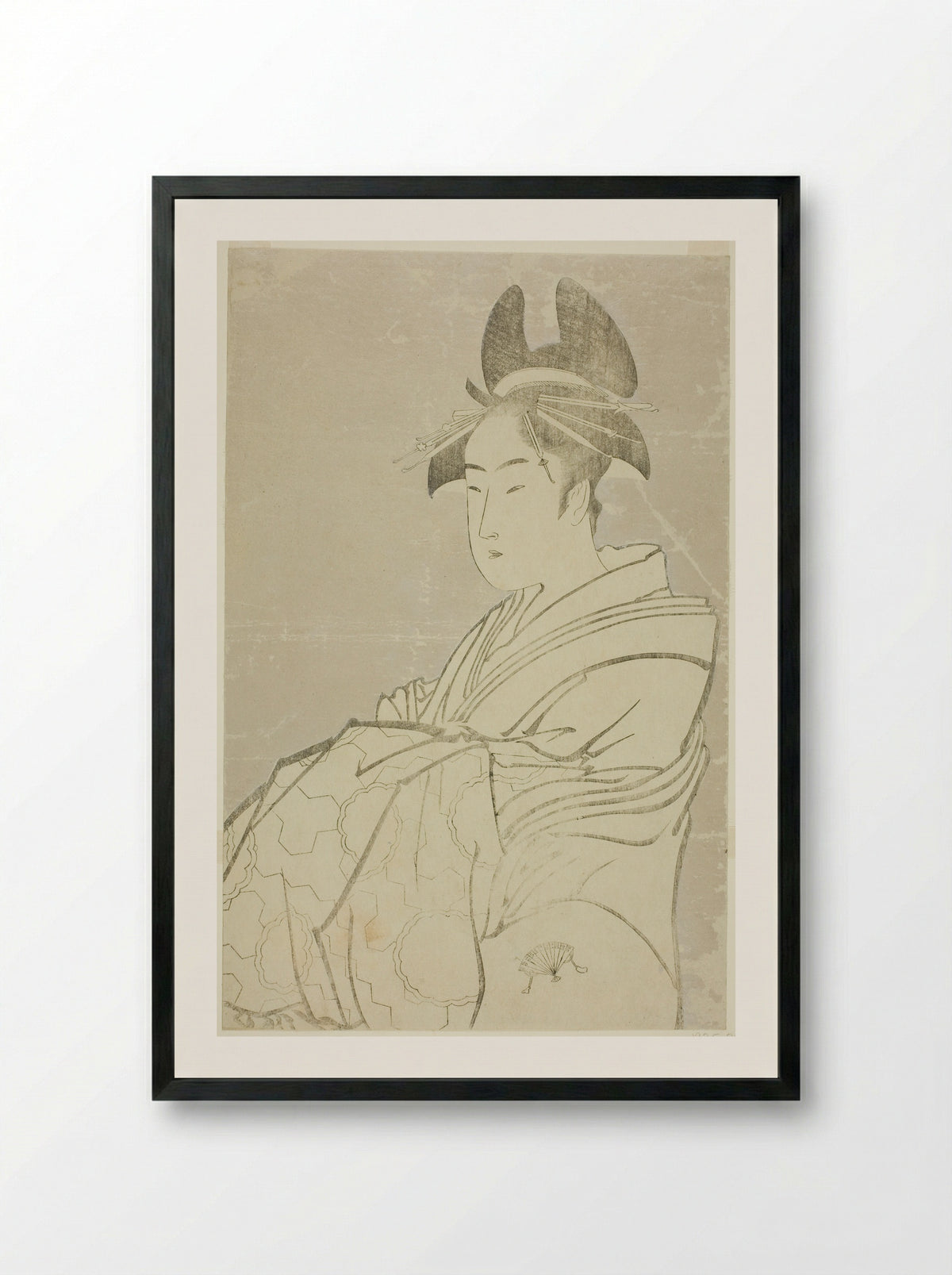 Miyahito of the Ogiya, Whose Assistants Are Tsubaki and Shirabe - Kitagawa Utamaro - Framed Print Black