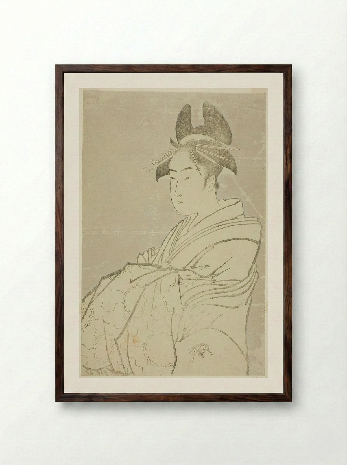 Miyahito of the Ogiya, Whose Assistants Are Tsubaki and Shirabe - Kitagawa Utamaro - Framed Print Dark Wood