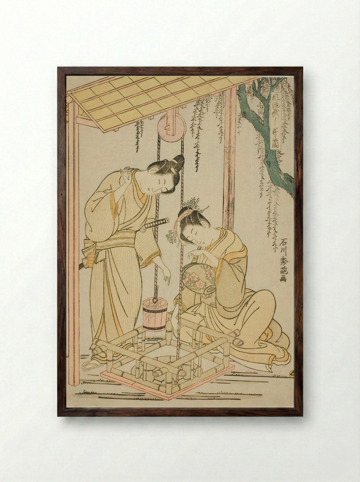 Modern parody of the well-curb episode from Tales of Ise - Ishikawa Toyonobu - Framed Print Dark Wood