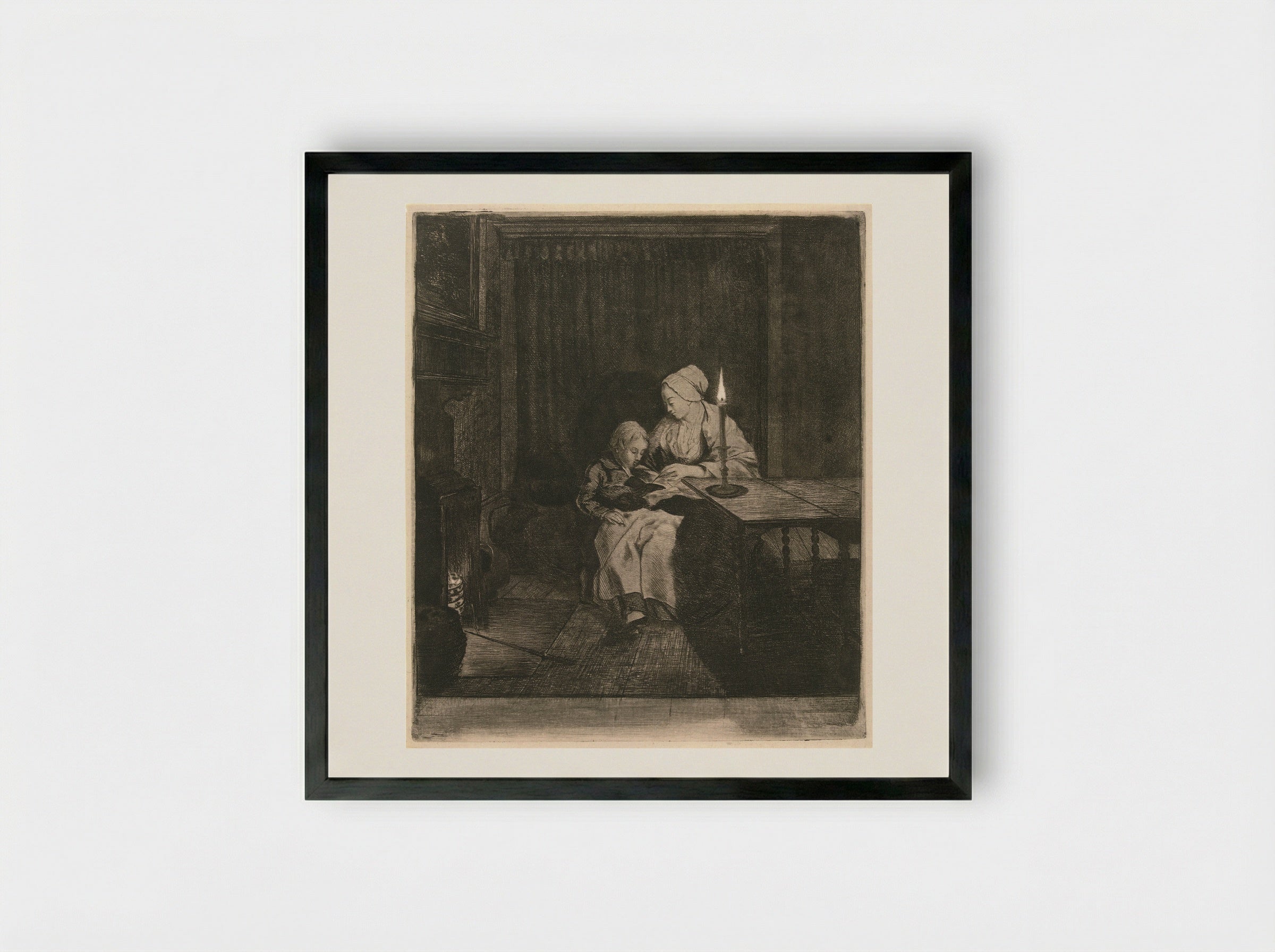 Moeder geeft haar zoon les (Mother Teaching Her Son) - Louis Bernard Coclers - Framed Print Black