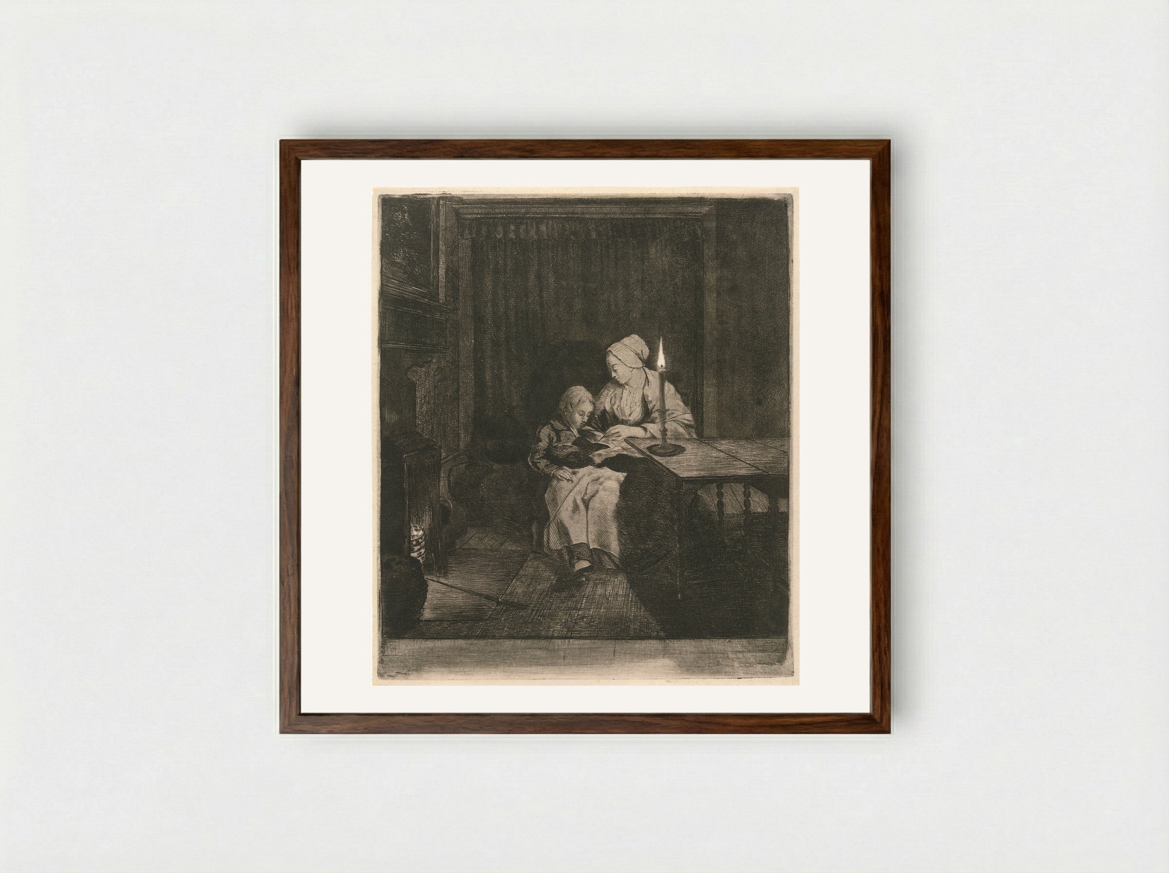 Moeder geeft haar zoon les (Mother Teaching Her Son) - Louis Bernard Coclers - Framed Print Dark Wood