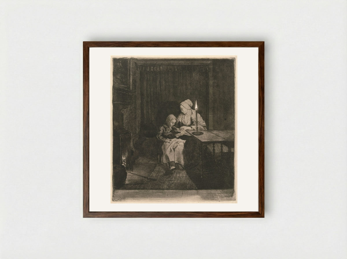 Moeder geeft haar zoon les (Mother Teaching Her Son) - Louis Bernard Coclers - Framed Print Dark Wood