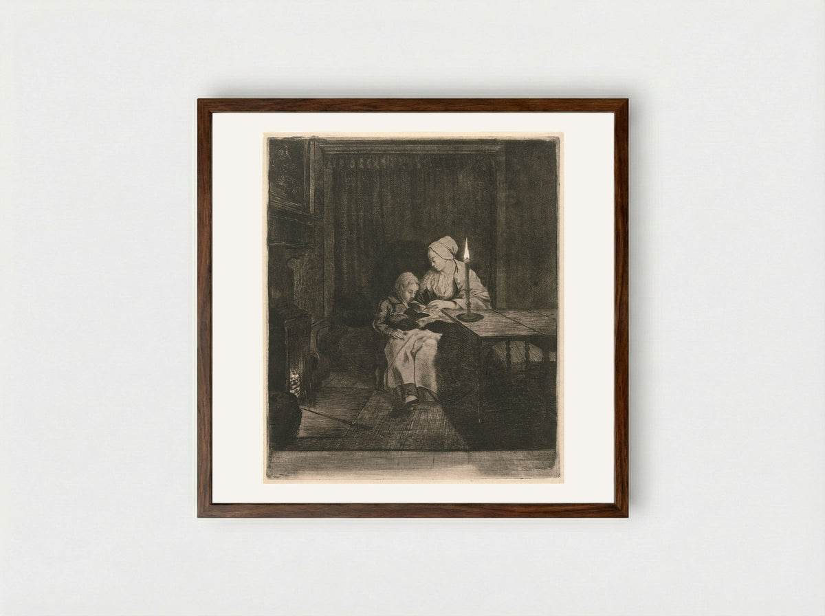 Moeder geeft haar zoon les (Mother Teaching Her Son) - Louis Bernard Coclers - Framed Print Dark Wood