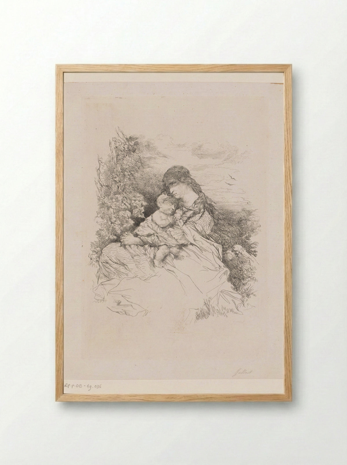 Moeder met kind gezeten in een landschap - Louis Gallait - Framed Print Wood