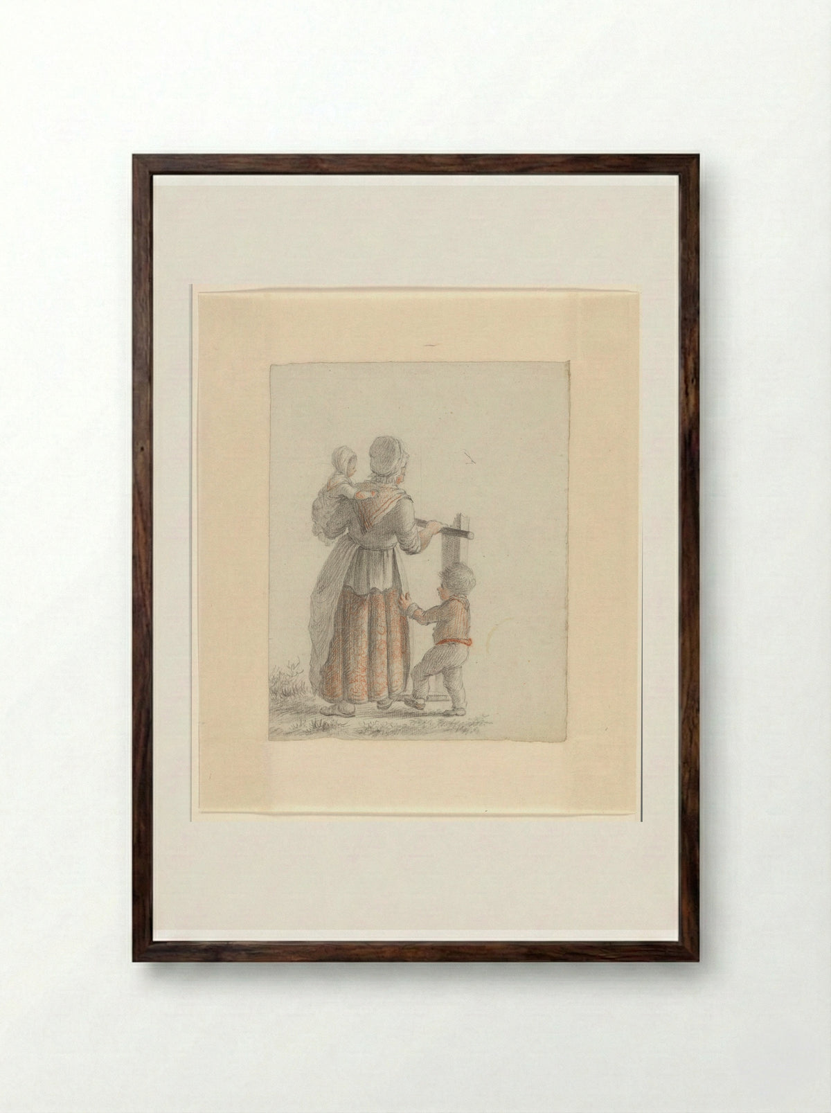 Moeder met twee kinderen bij een hek - Johannes van Reijn - Framed Print Dark Wood