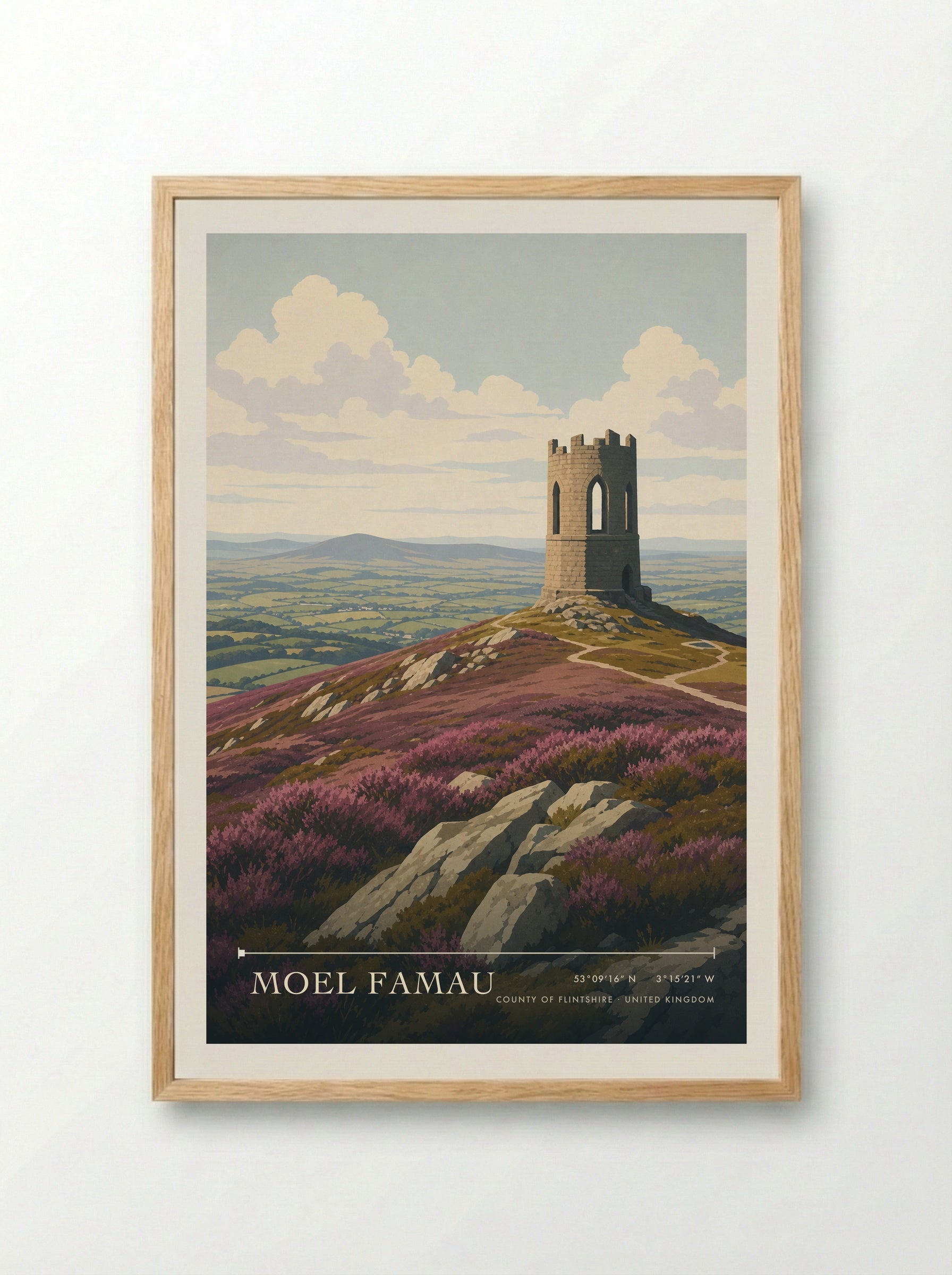 Moel Famau County of Flintshire United Kingdom Travel Poster - Framed Print Wood