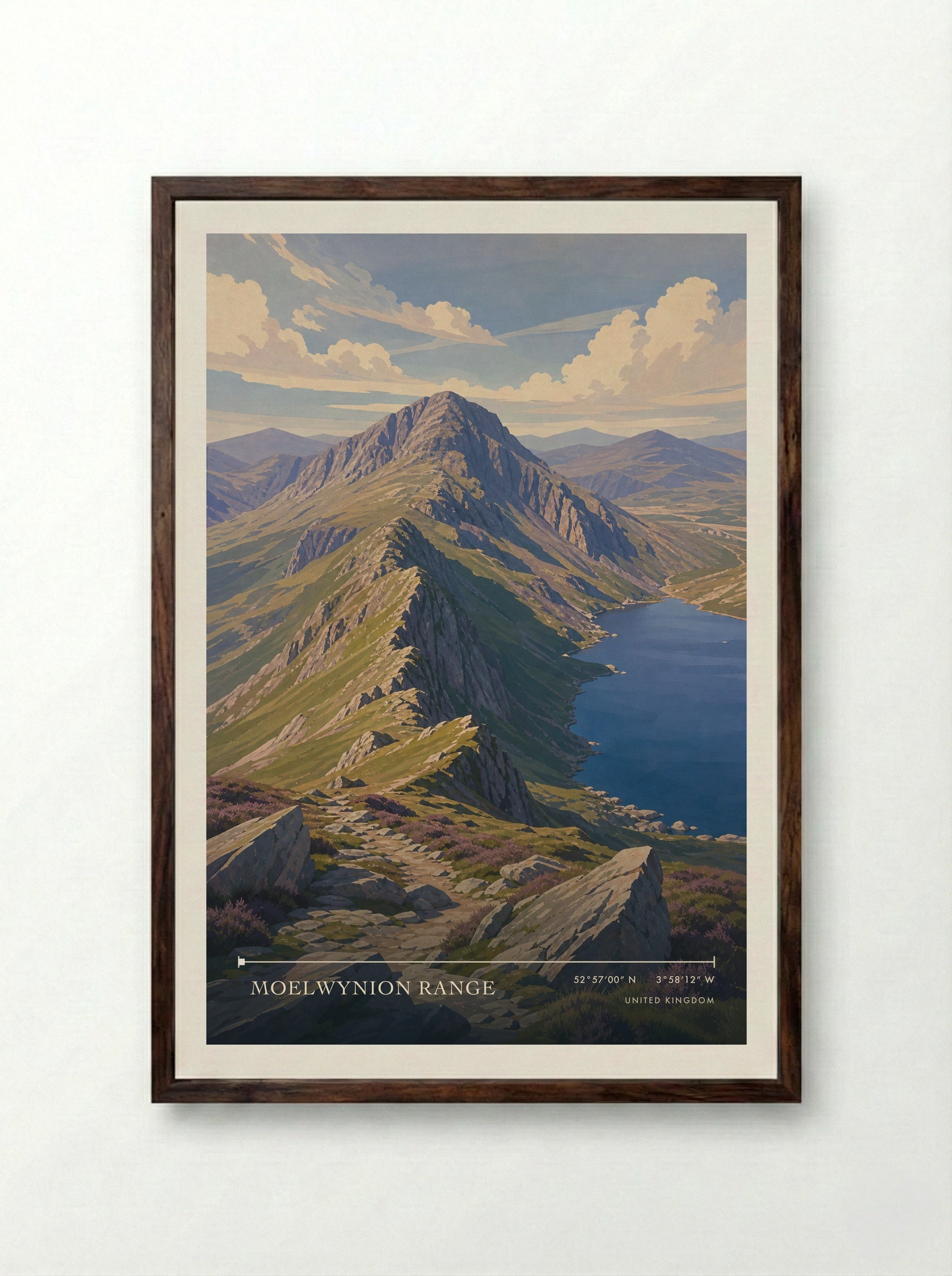 Moelwynion Range United Kingdom Travel Poster - Framed Print Dark Wood