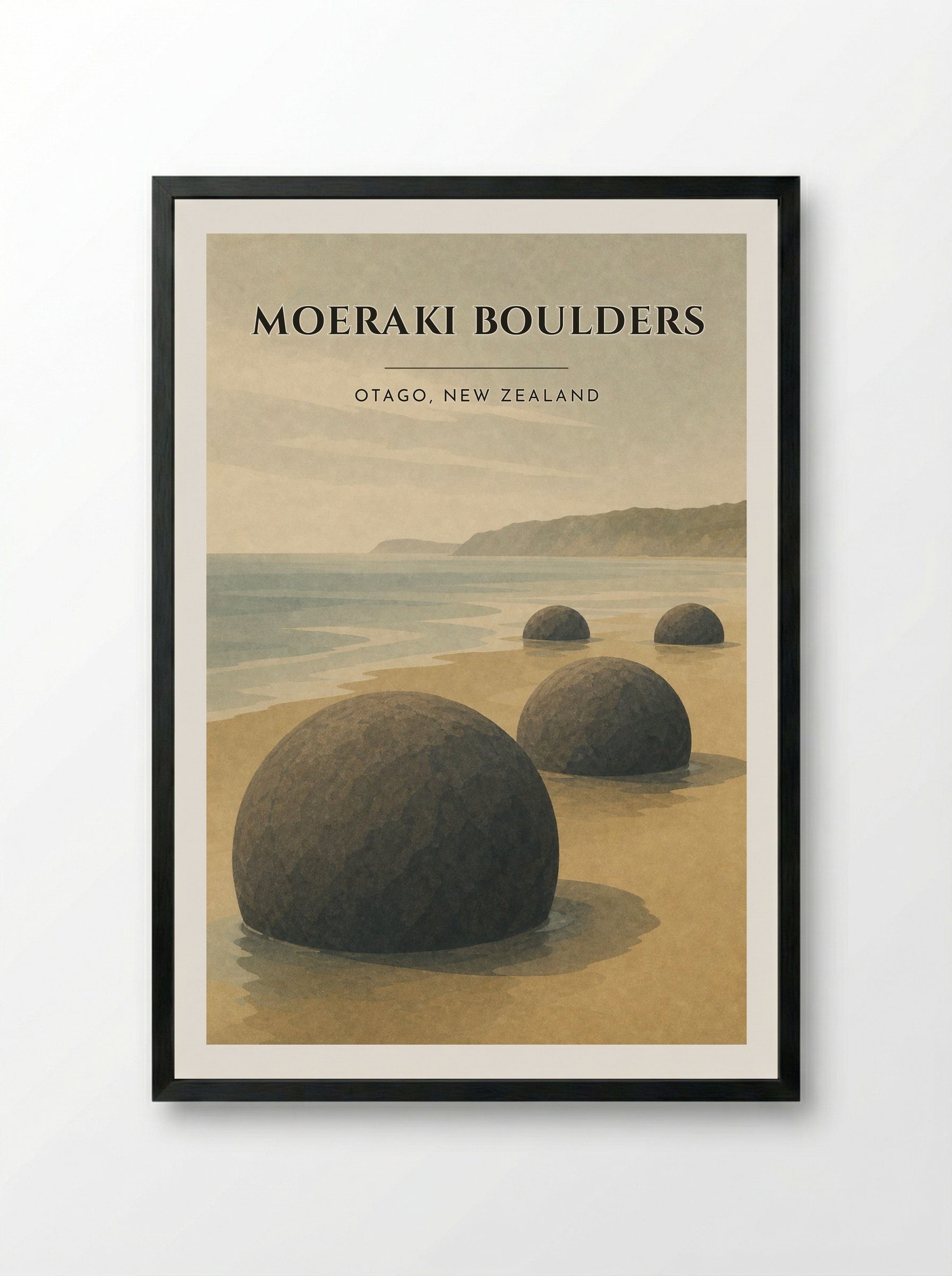 Moeraki Boulders Travel Poster Artwork - Framed Print Black