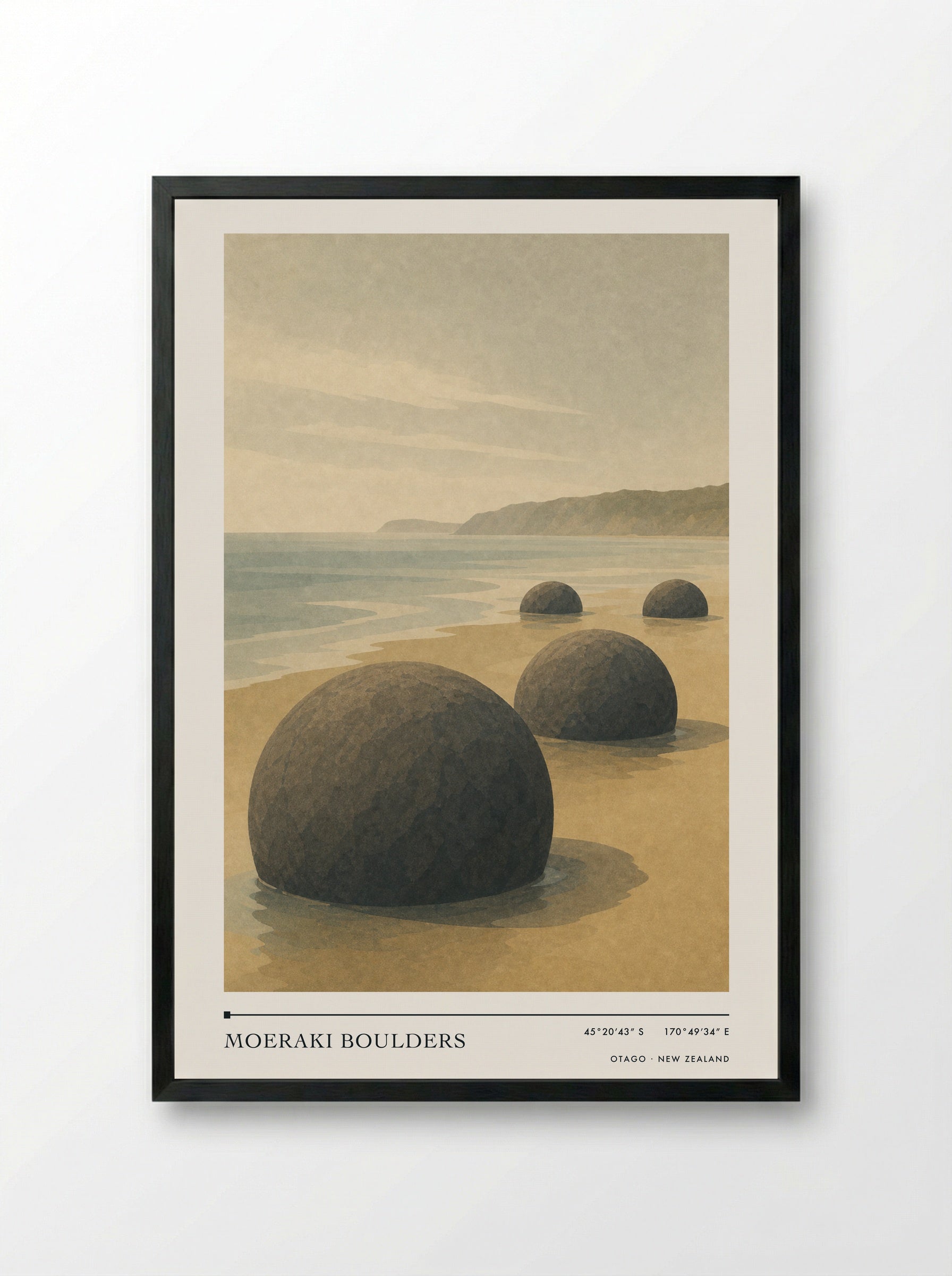 Moeraki Boulders Travel Poster Artwork - Framed Print Black