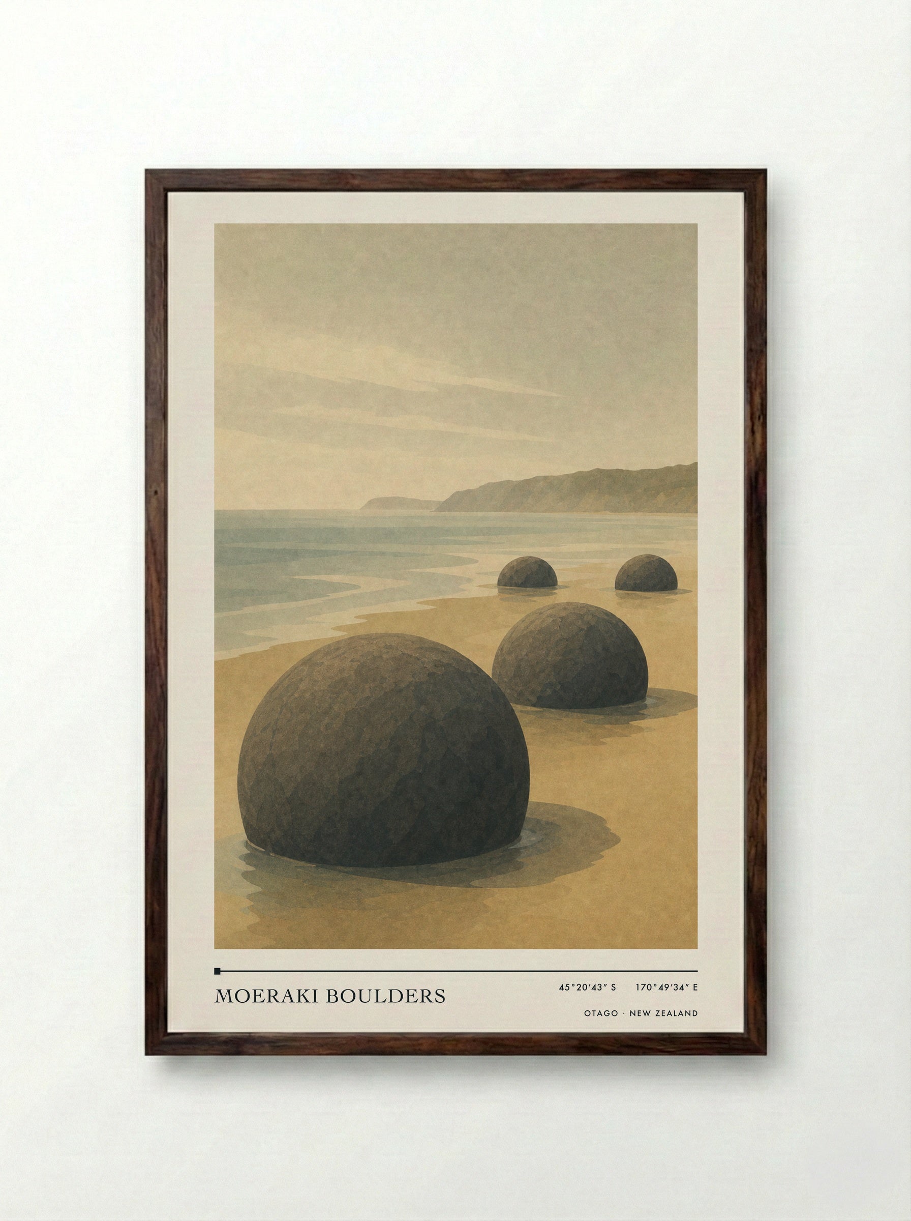 Moeraki Boulders Travel Poster Artwork - Framed Print Dark Wood