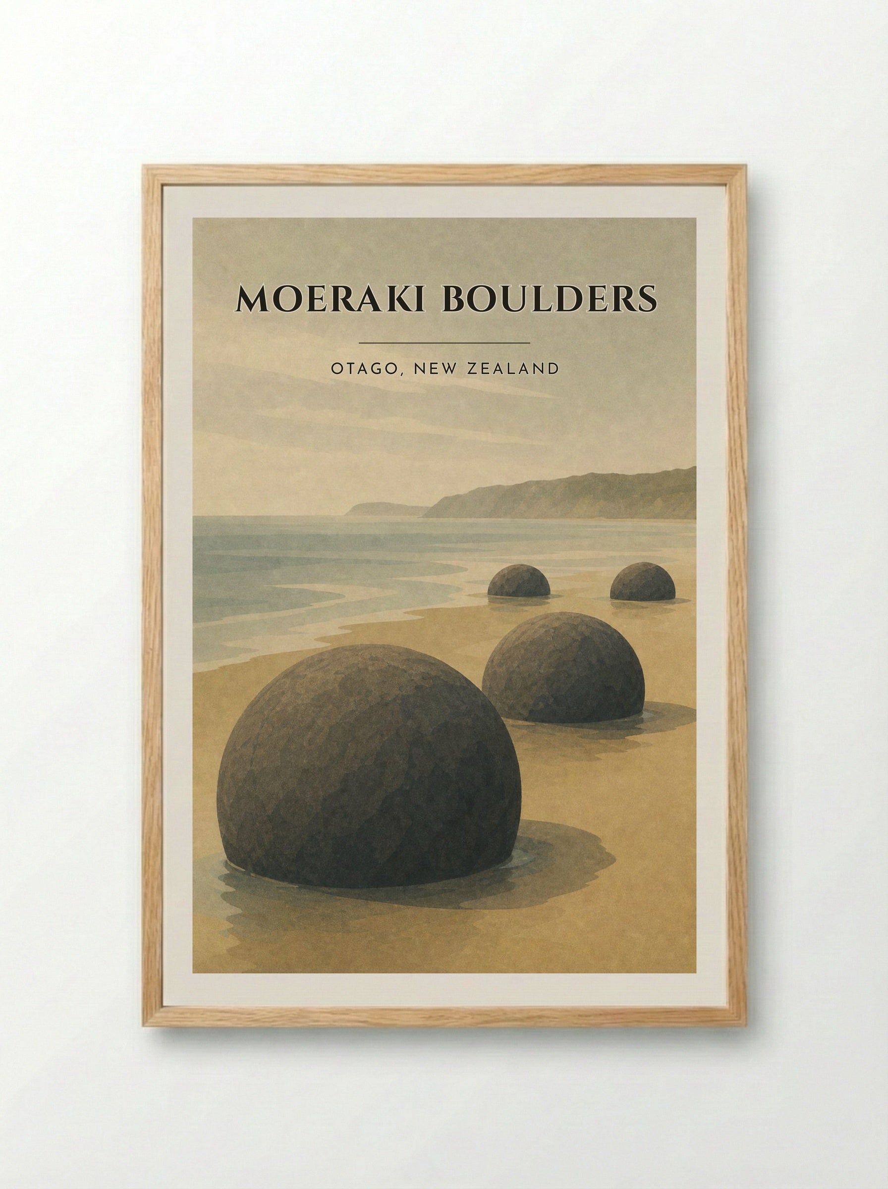 Moeraki Boulders Travel Poster Artwork - Framed Print Wood