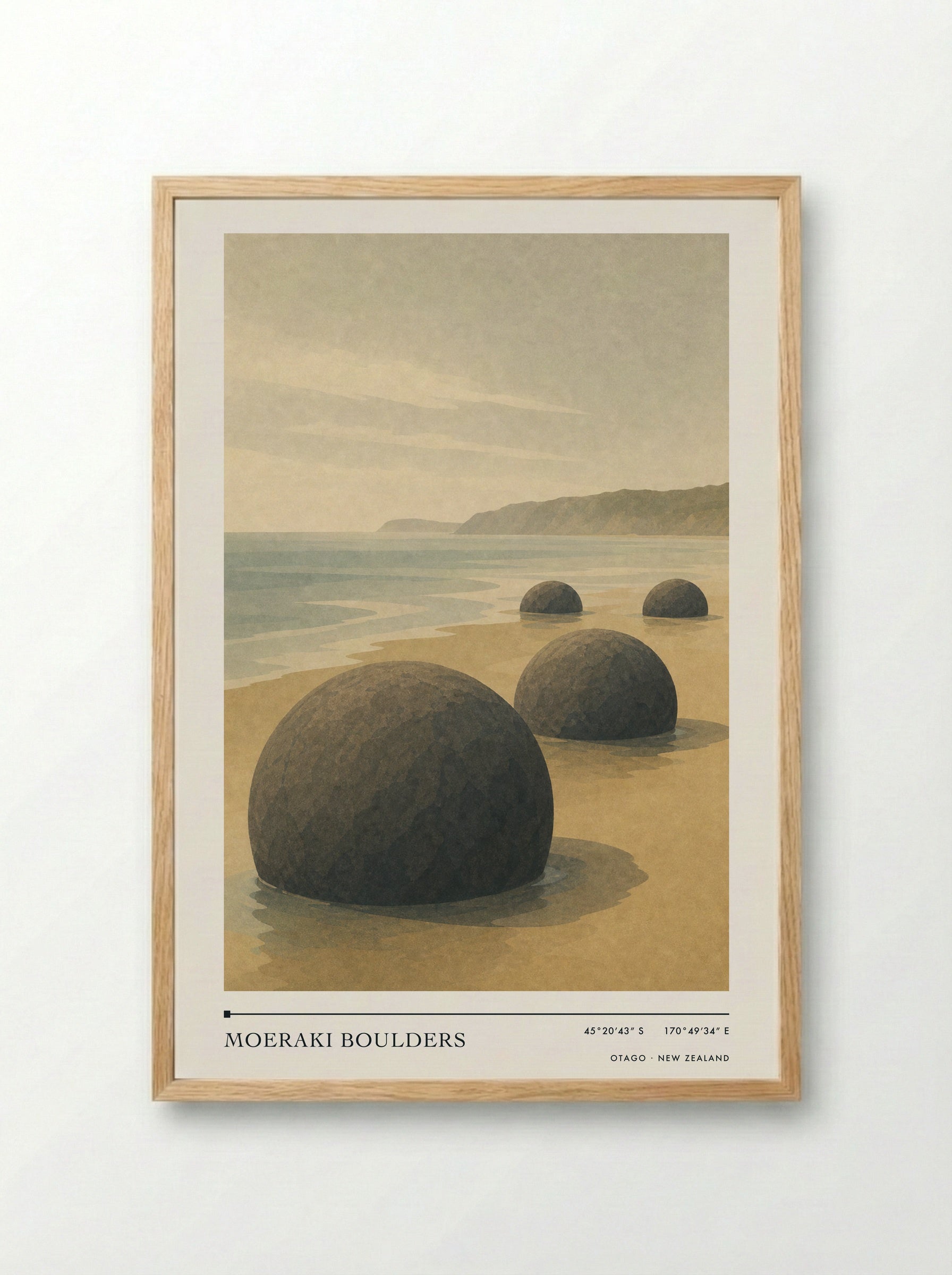 Moeraki Boulders Travel Poster Artwork - Framed Print Wood