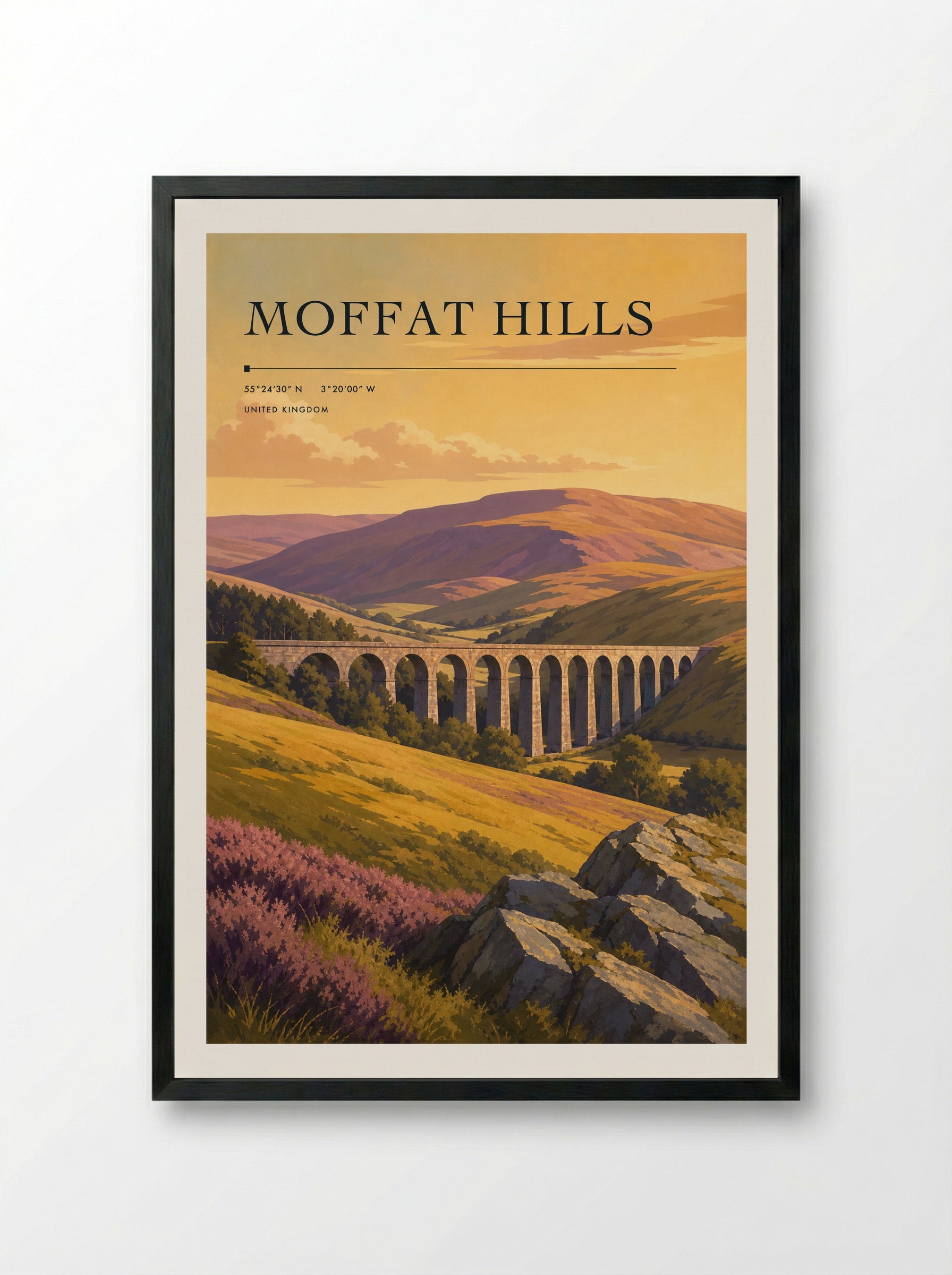 Moffat Hills United Kingdom Travel Poster - Framed Print Black